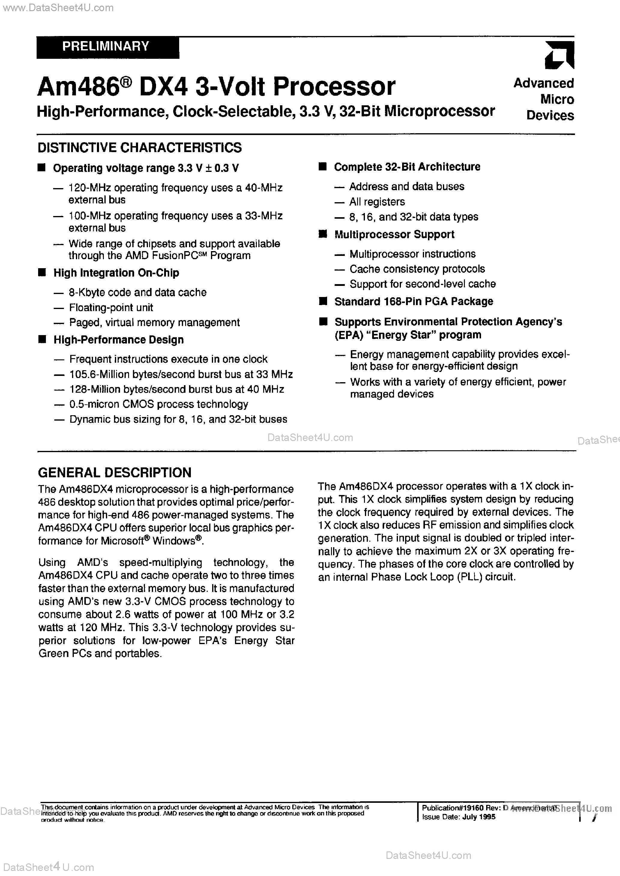 Datasheet A80486DX4 - 3-Volt Processor page 1
