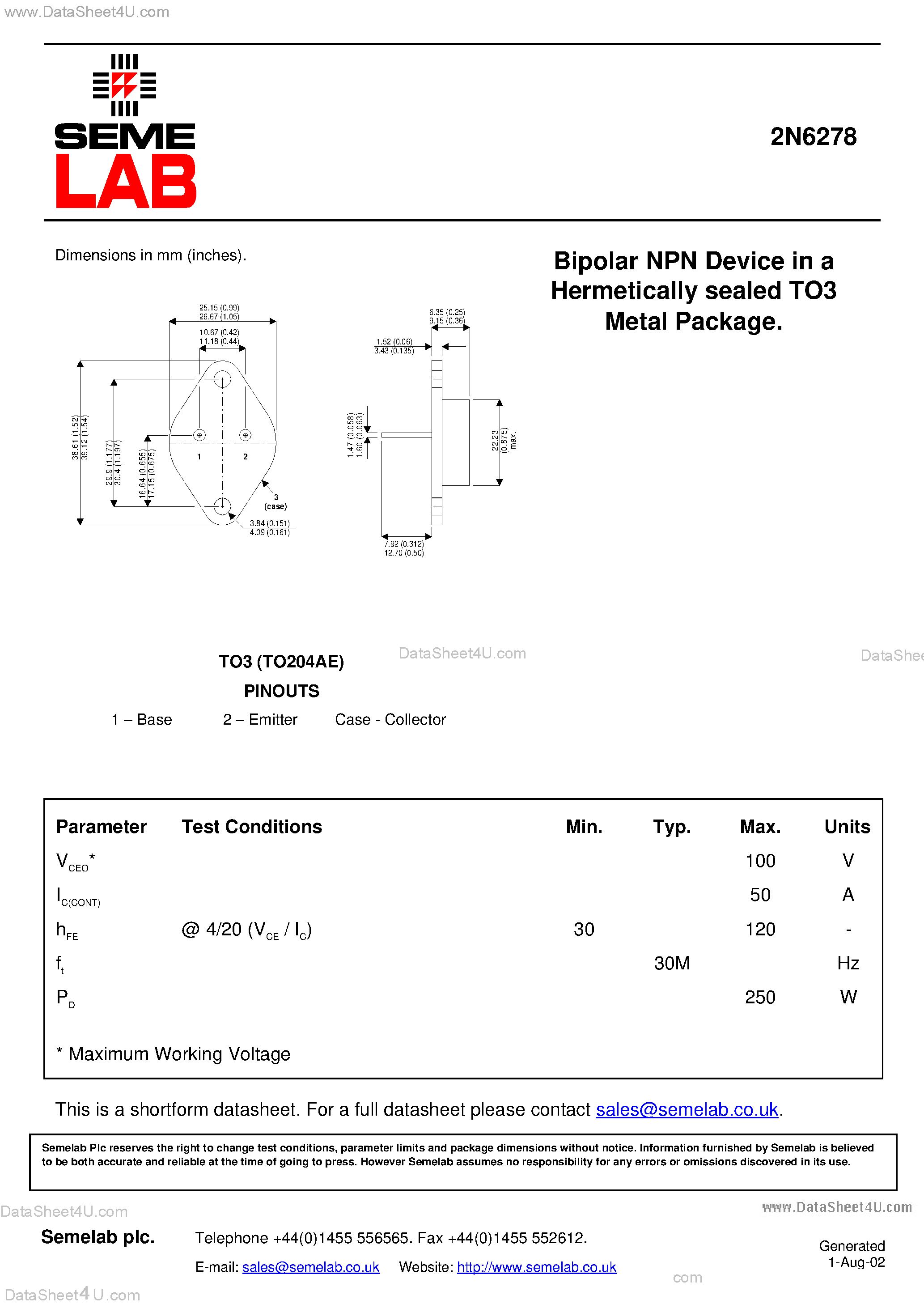 Datasheet 2N6278 - Bipolar NPN Device in a Hermetically sealed TO3 Metal Package page 1