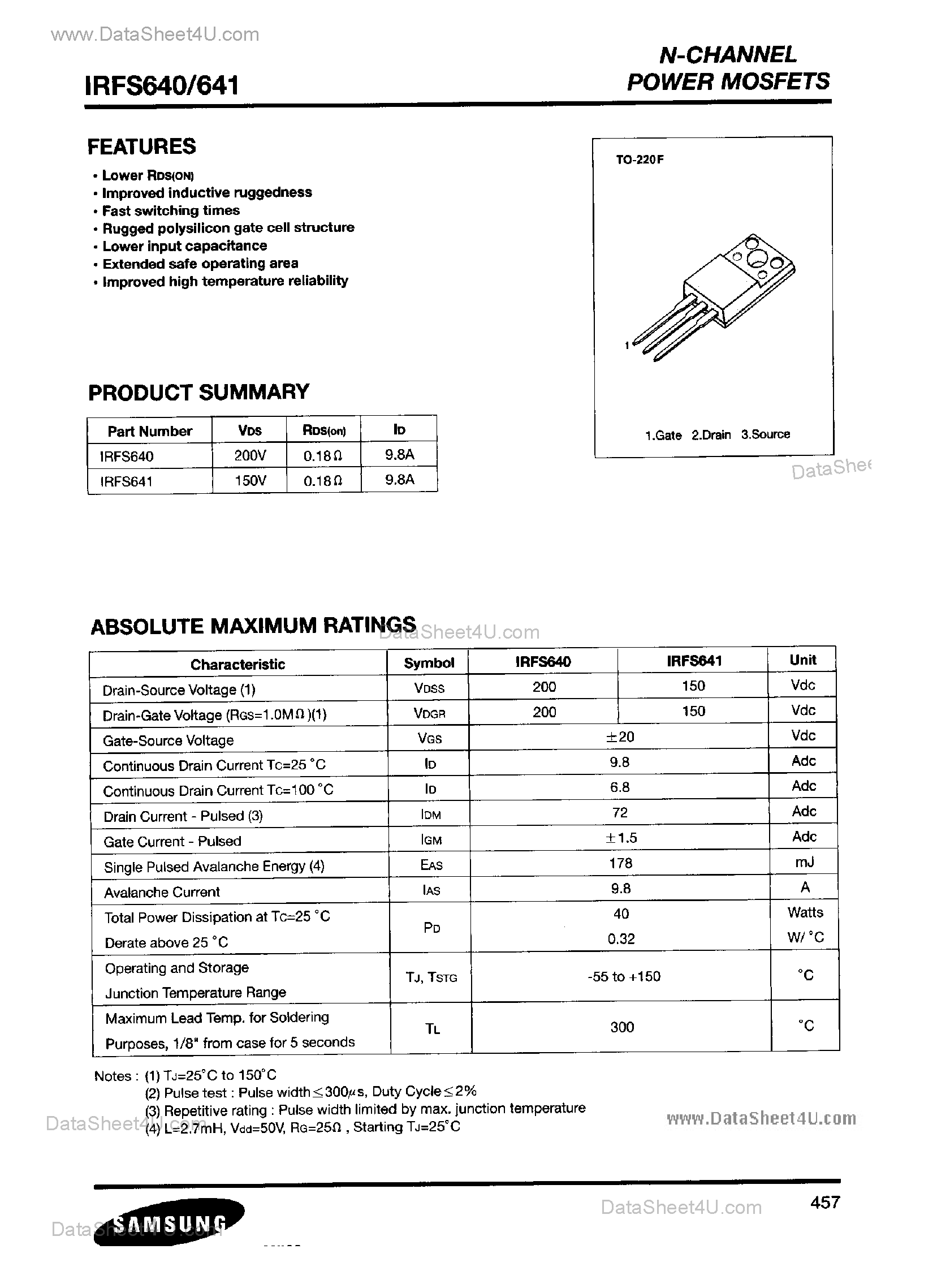 Datasheet IRFS640 page 1 Datasheet IRFS640 - (IRFS640 / IRFS641) N-Cahnnel Power MOSFETs page 1