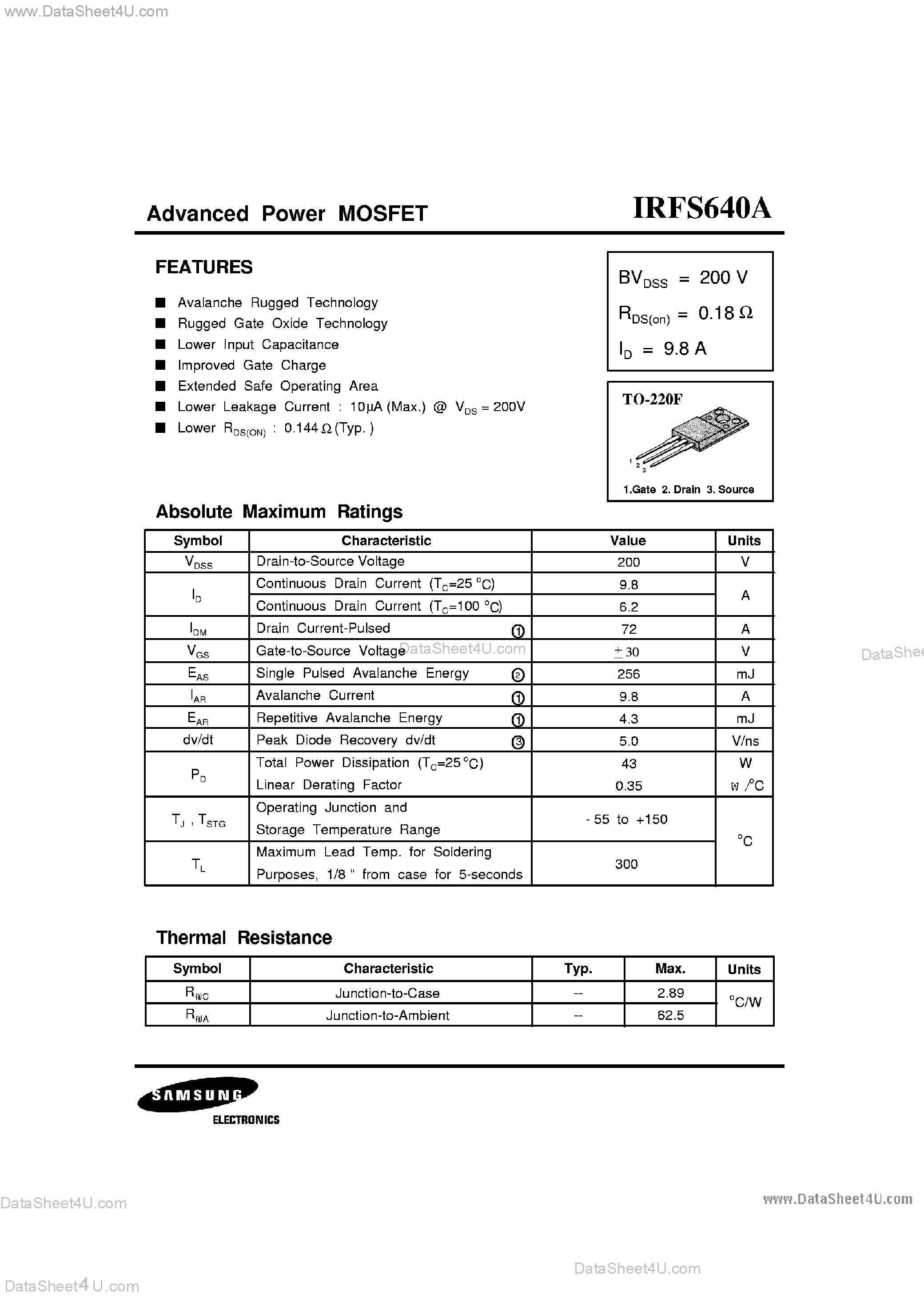 Datasheet IRFS640A - Advanced Power MOSFET page 1