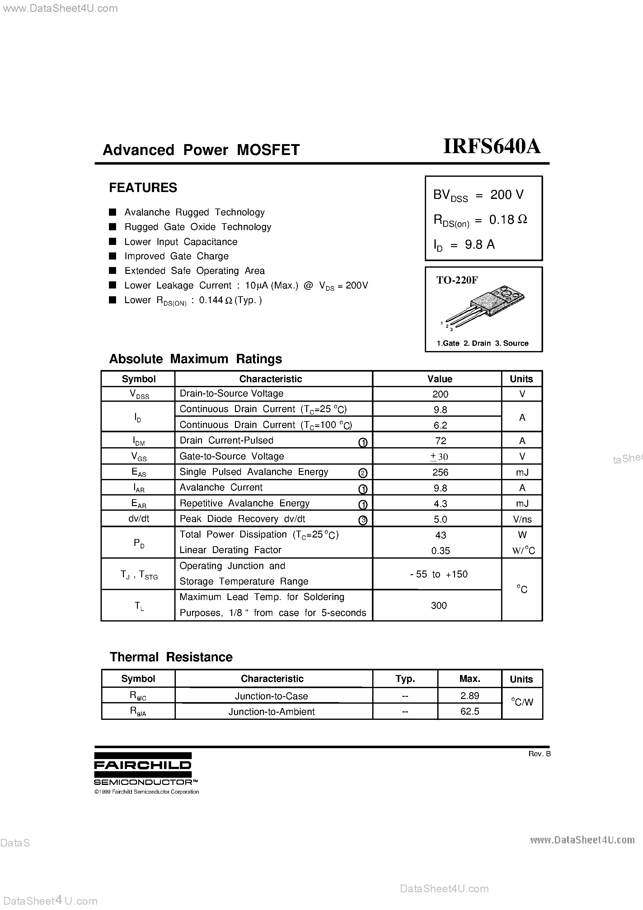 Datasheet IRFS640A - Advanced Power MOSFET page 1