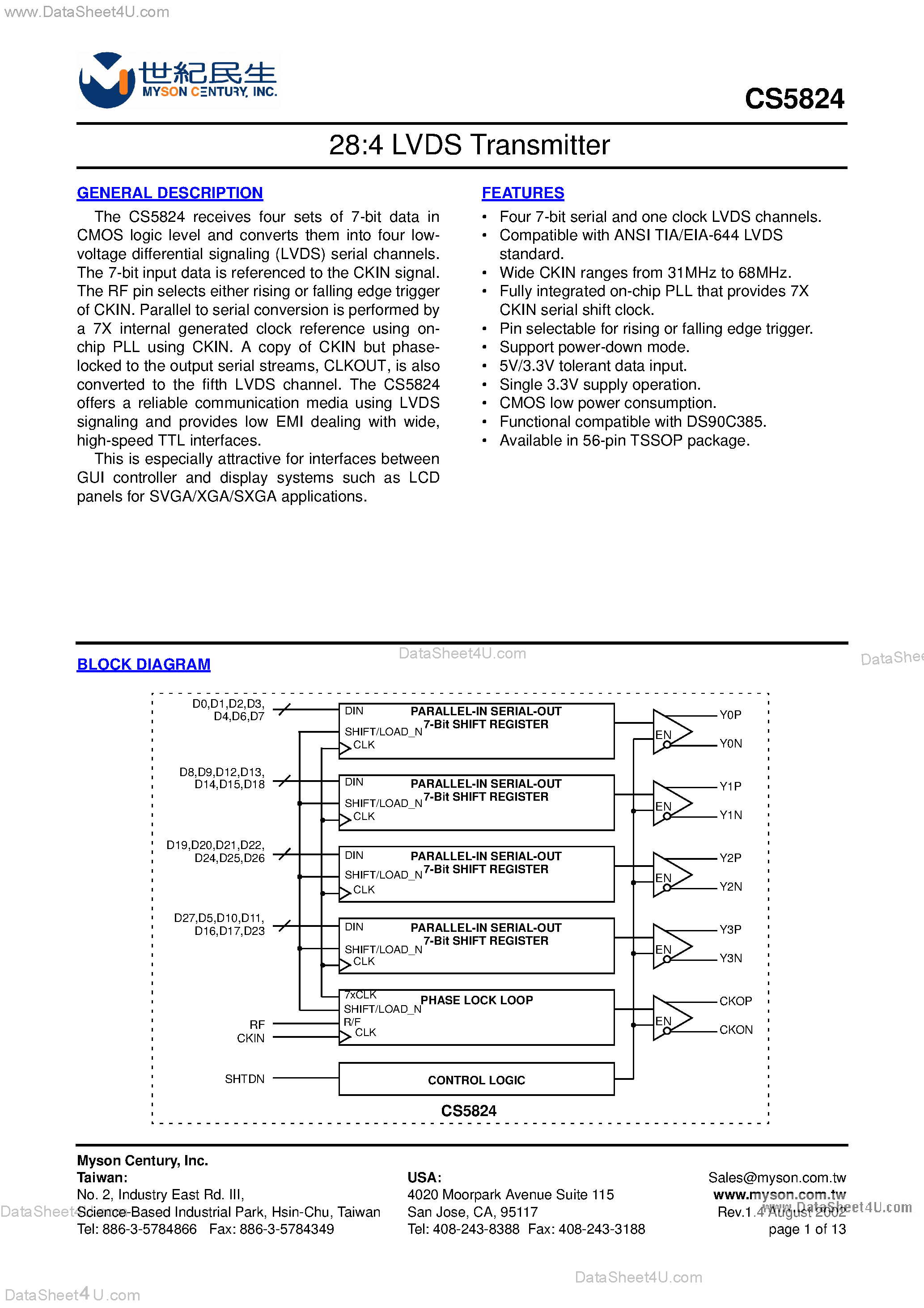 Datasheet CS5824 page 1 Datasheet CS5824 - 28:4 LVDS Transmitter page 1