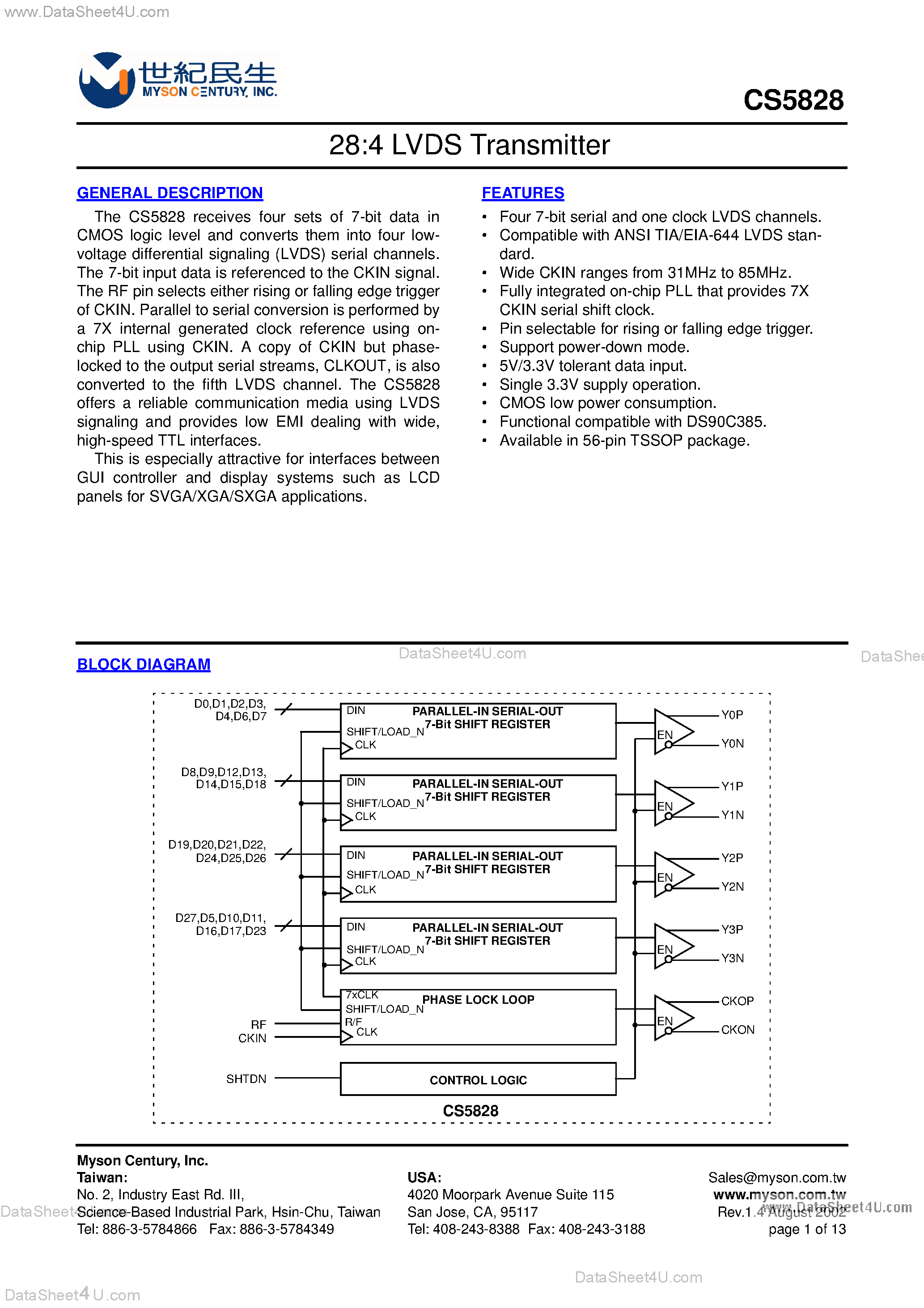 Datasheet CS5828 - 28:4 LVDS Transmitter page 1