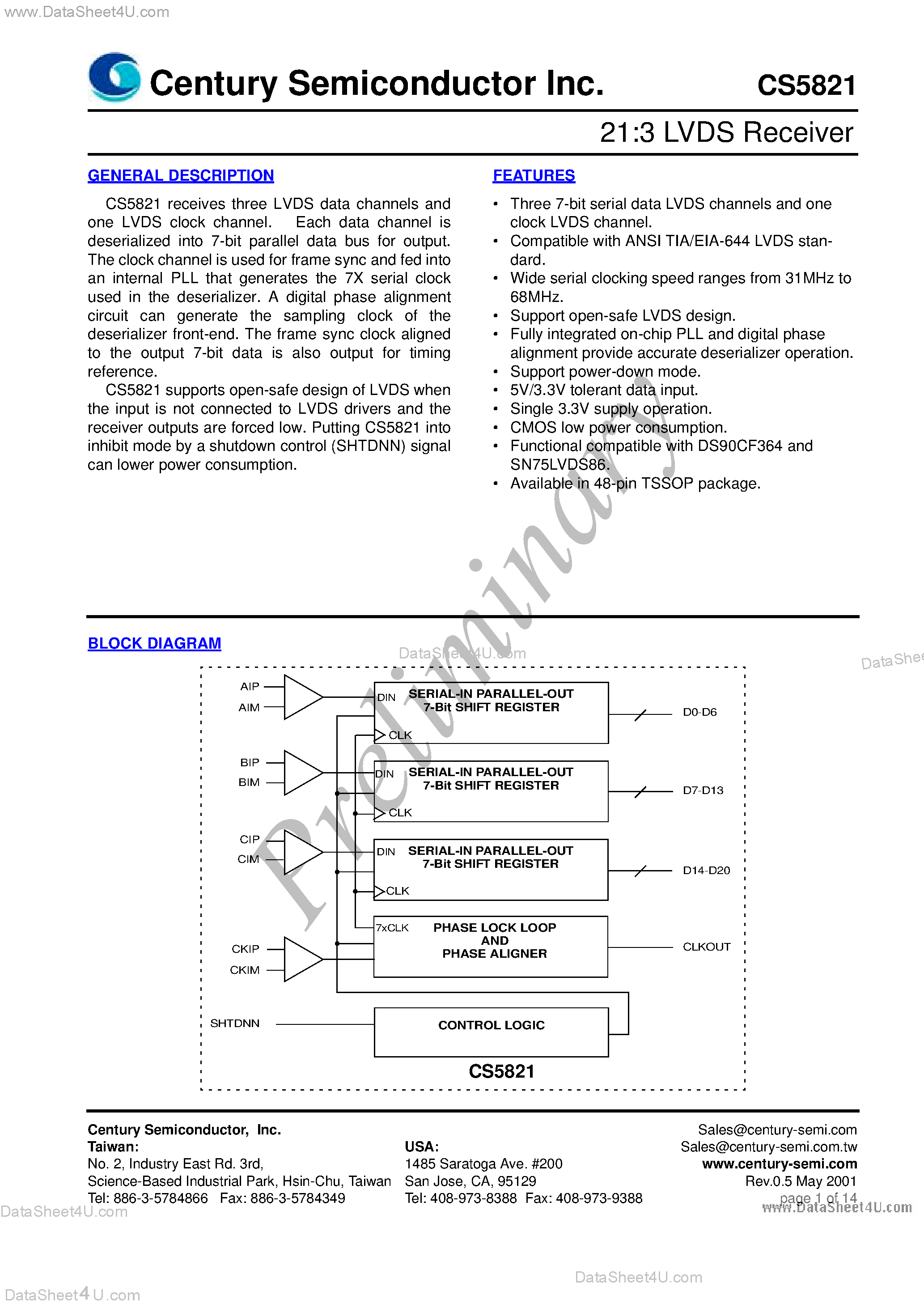 Datasheet CS5821 - 21:3 LVDS Receiver page 1