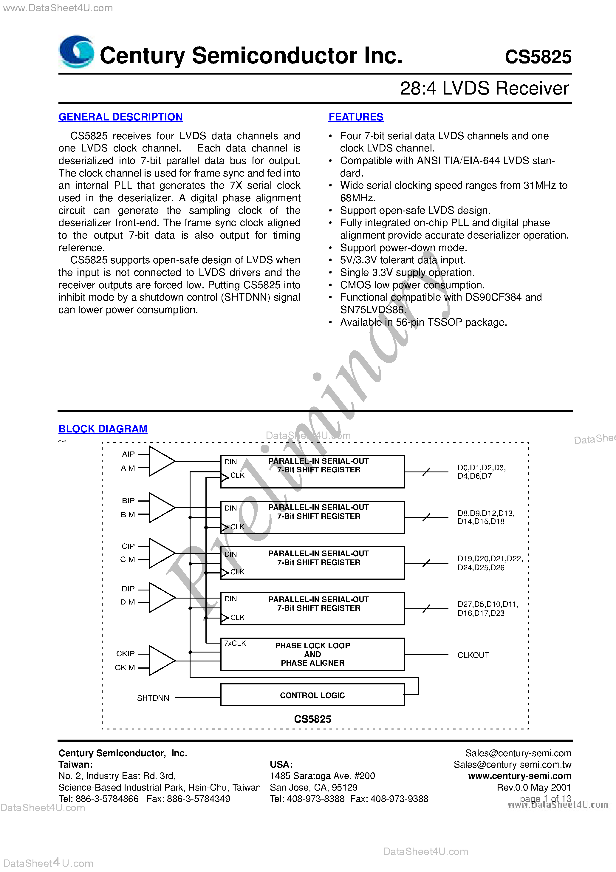 Datasheet CS5825 page 1 Datasheet CS5825 - 28:4 LVDS Receiver page 1