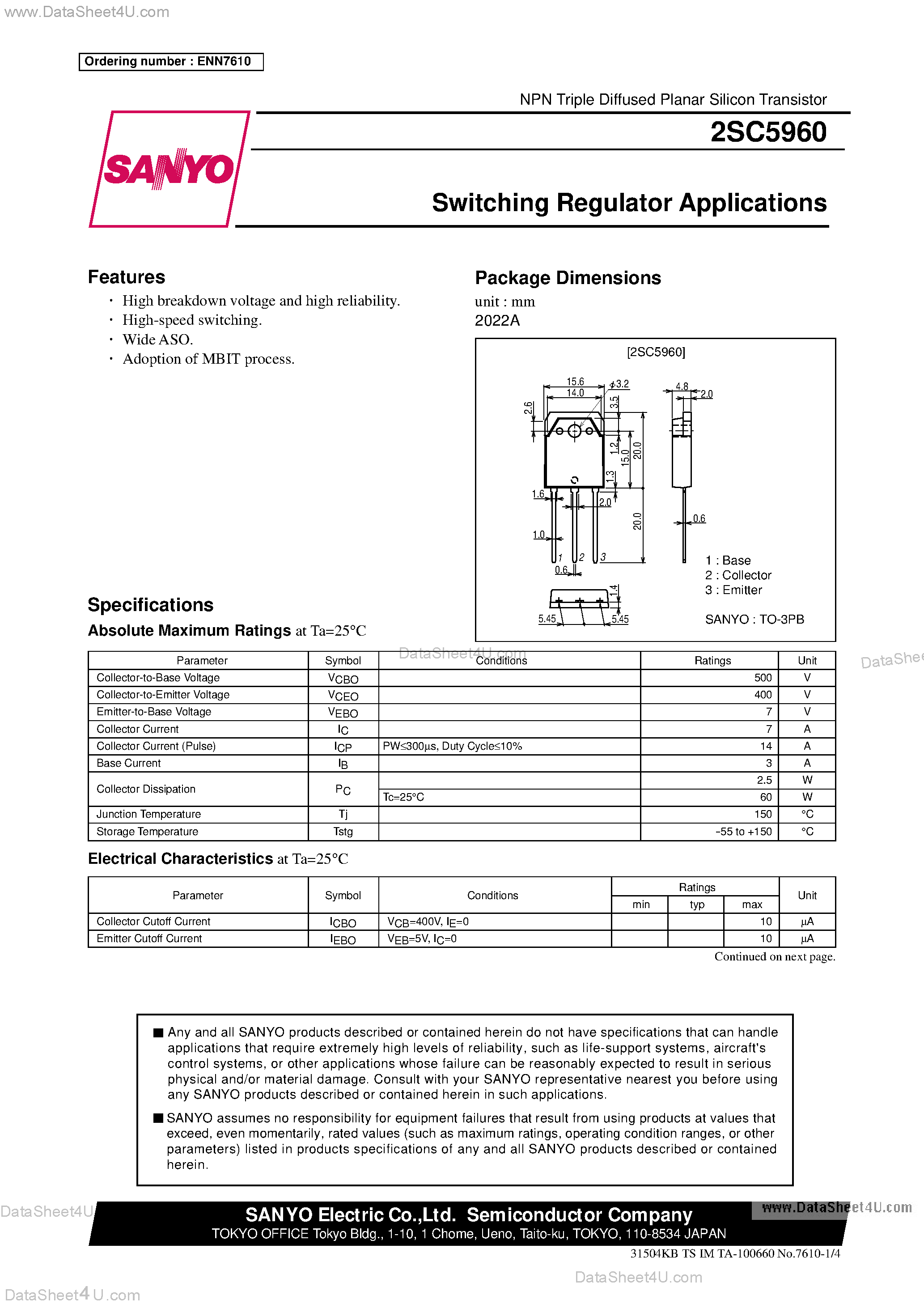 Даташит на микросхему 2SC5960 страница 1 Даташит 2SC5960 - Switching Regulator Applications страница 1