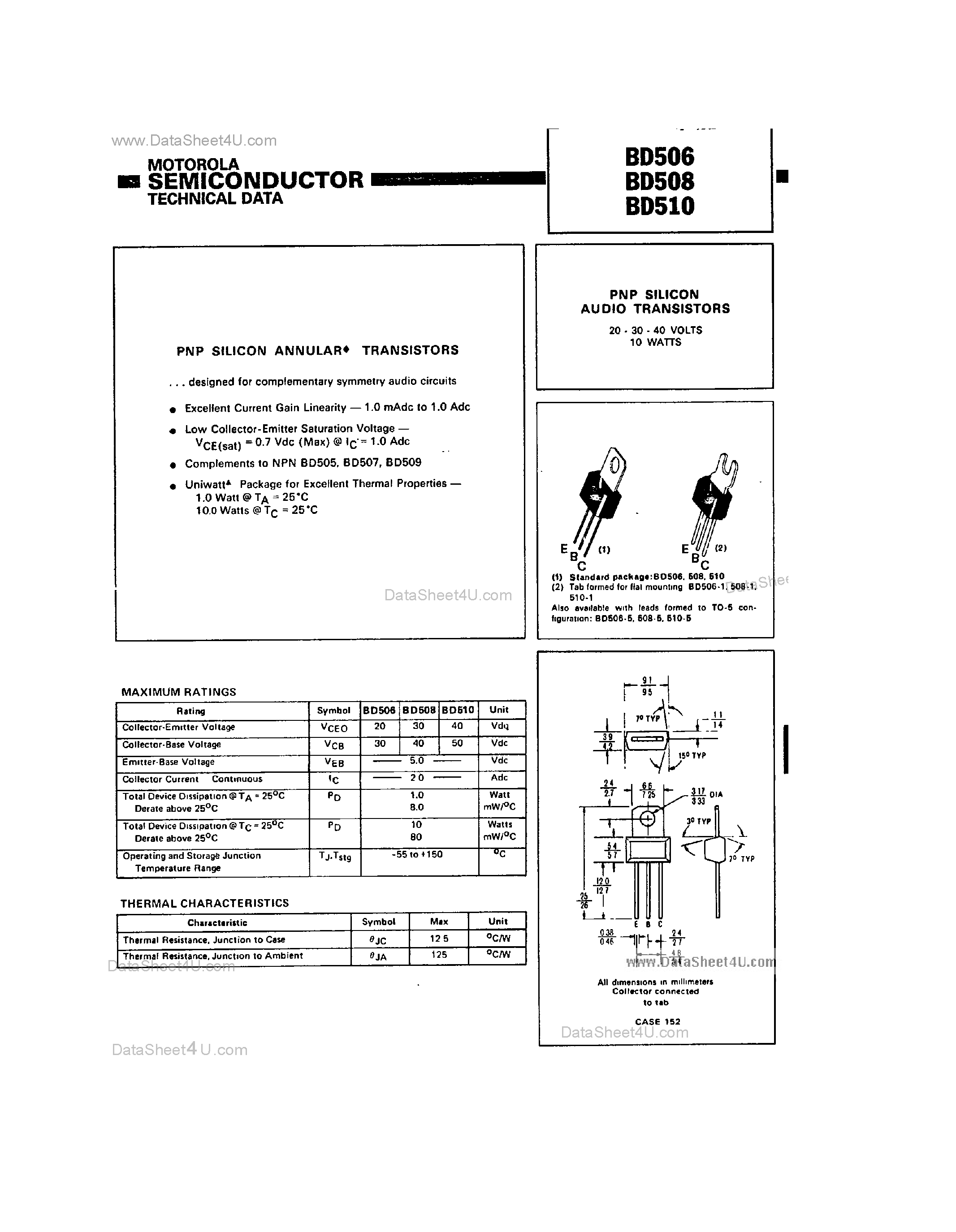 Даташит на микросхему BD506 страница 1 Даташит BD506 - (BD506 - BD510) PNP Silicon Audio Transistors страница 1