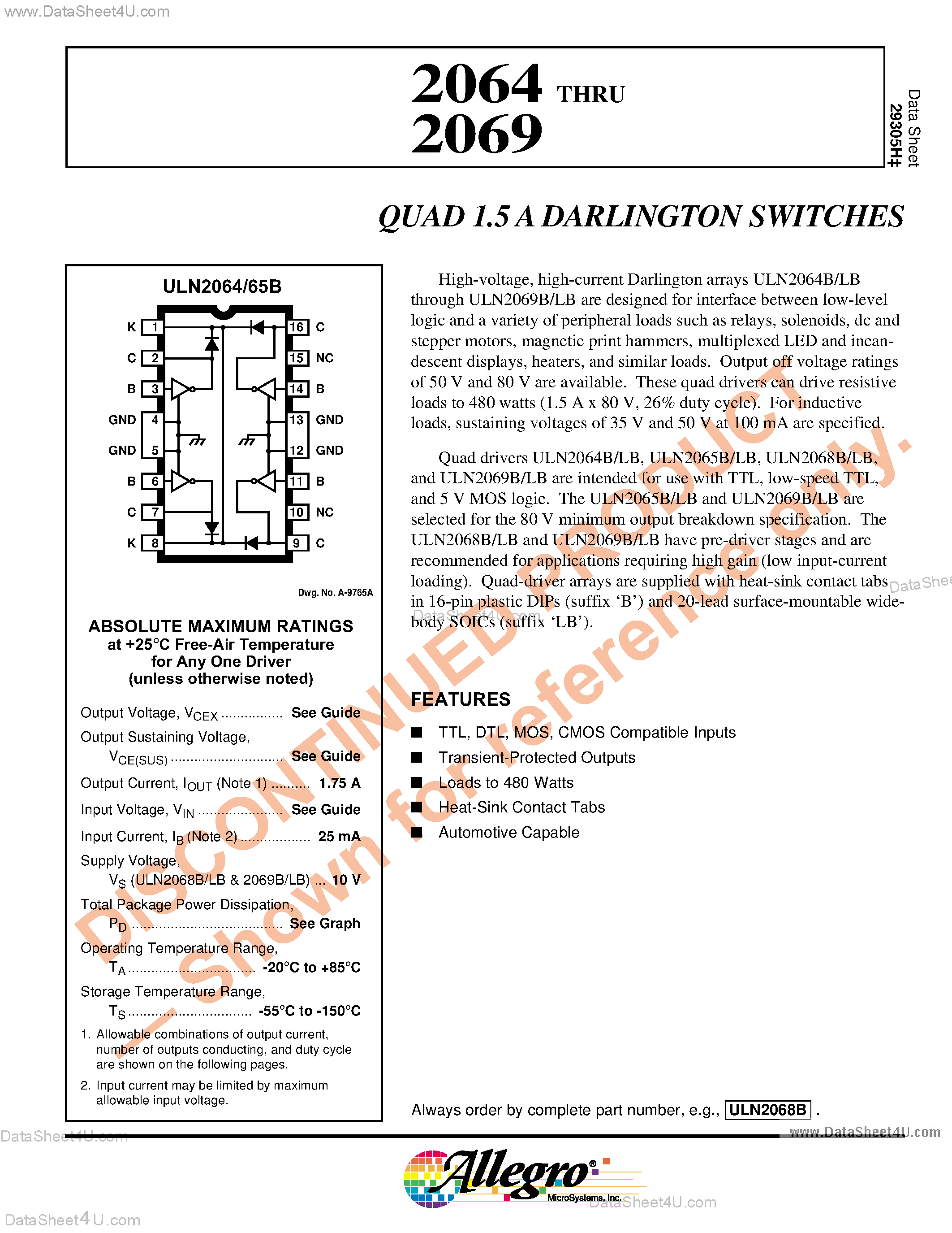 Datasheet ULS2064 - (ULS2064 - ULS2069) Quad 1.5A Darlington Switches page 1