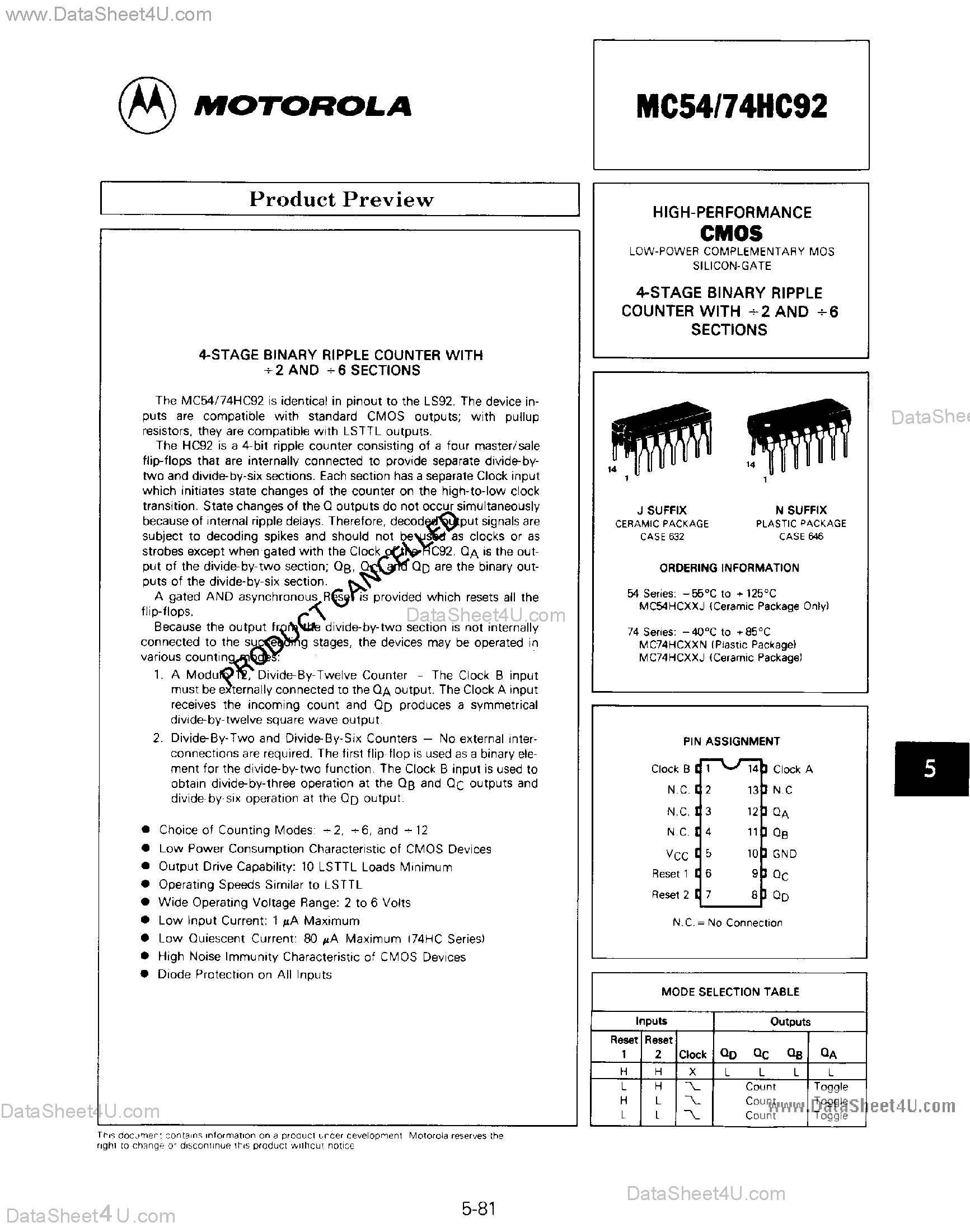 Datasheet MC74HC92 - 4-Stage Binary Ripple Counter page 1