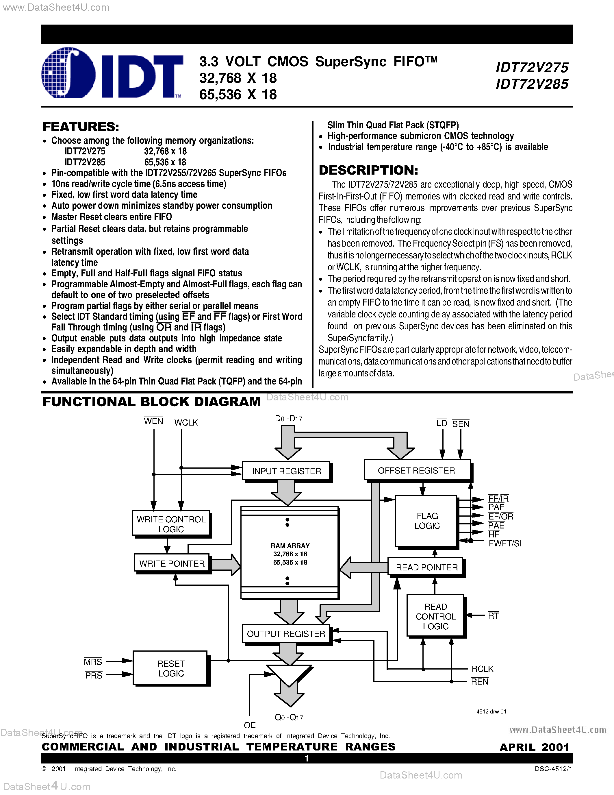 Datasheet IDT72V275 - (IDT72V275 / IDT72V285) 3.3 VOLT CMOS SuperSync FIFO page 1
