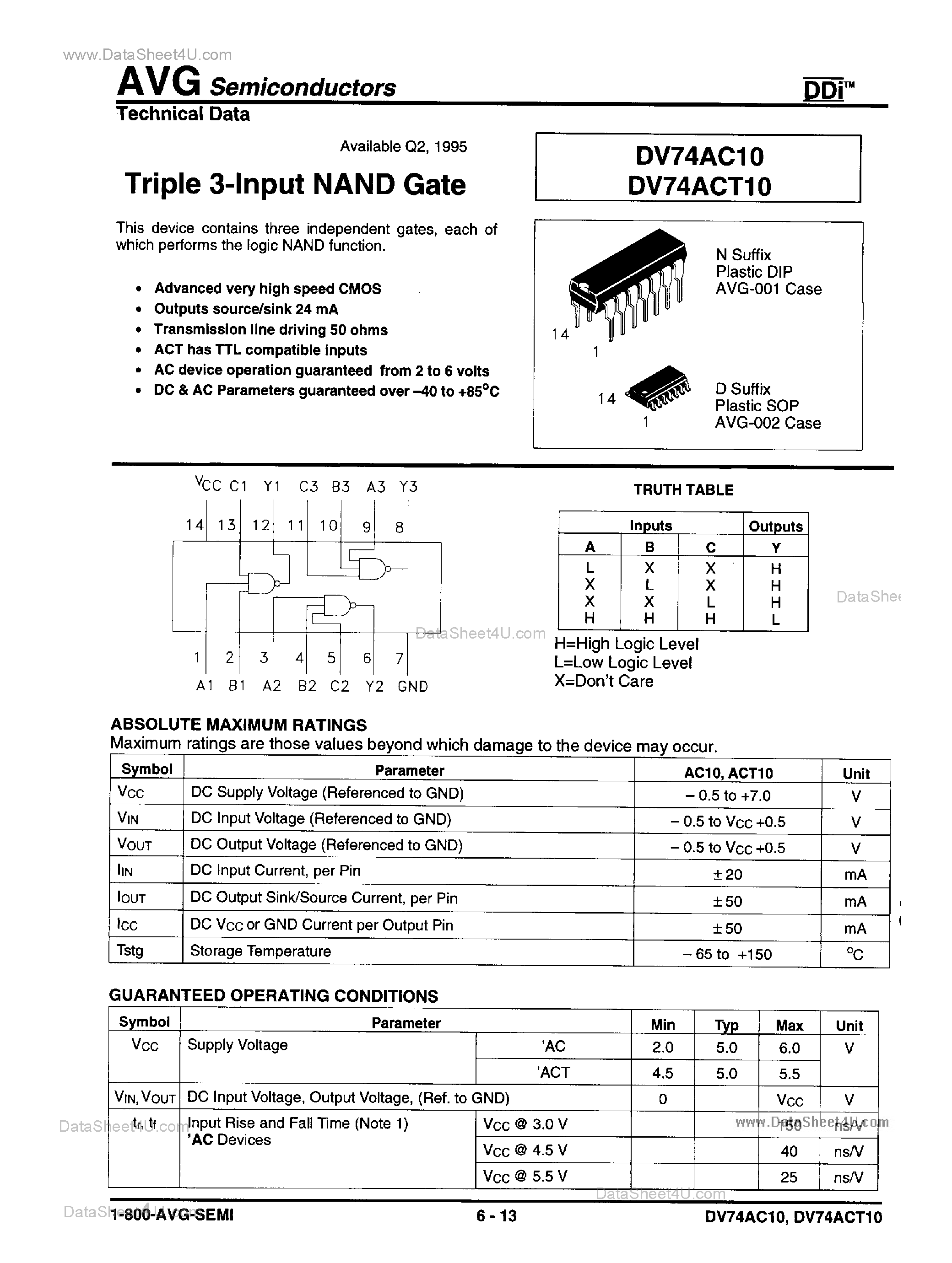 Datasheet DV74AC10 page 1 Datasheet DV74AC10 - Triple 3-Input NAND Gate page 1