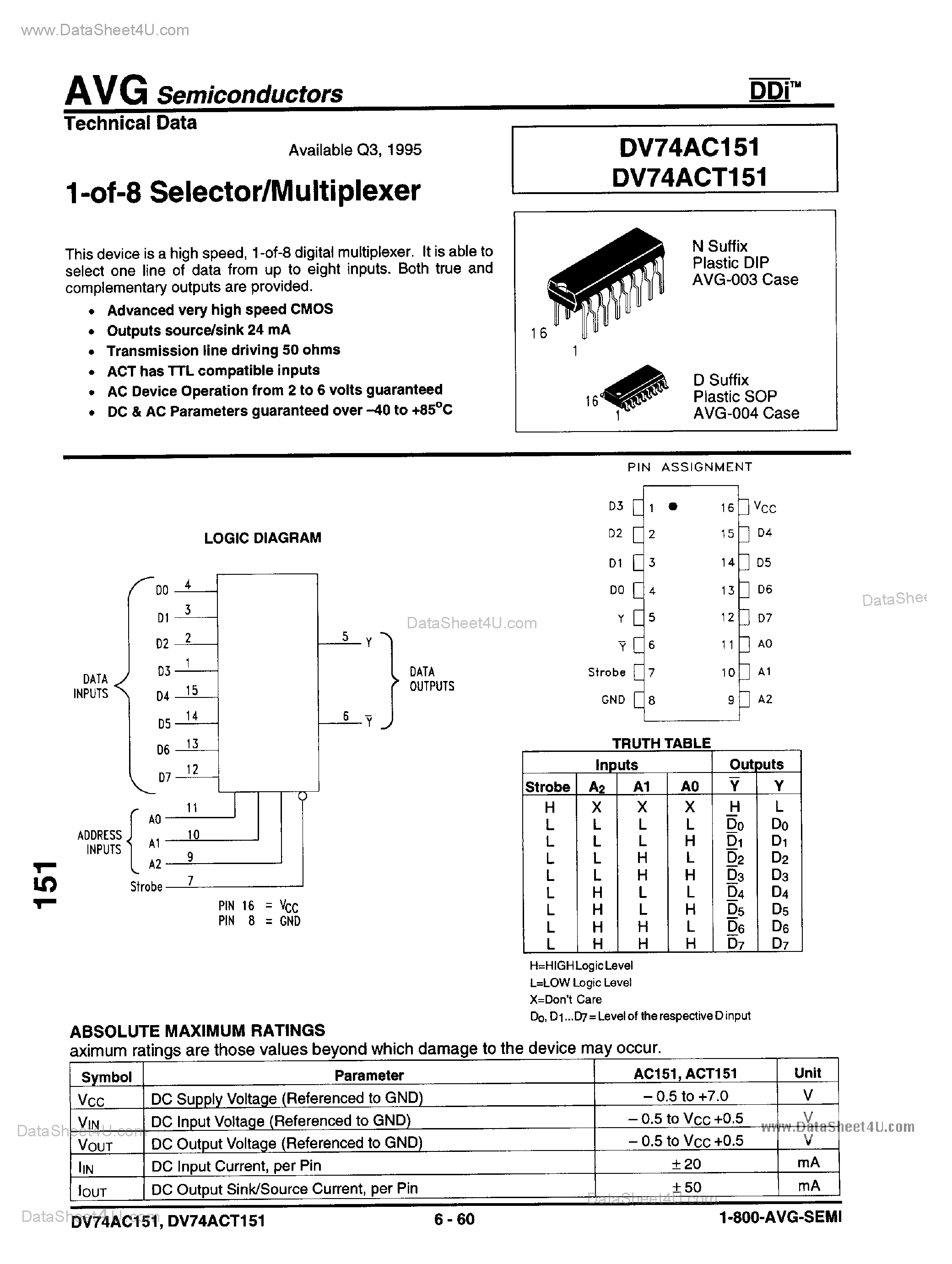 Даташит на микросхему DV74AC151 страница 1 Даташит DV74AC151 - 1 of 8 Selector / Multiplexer страница 1