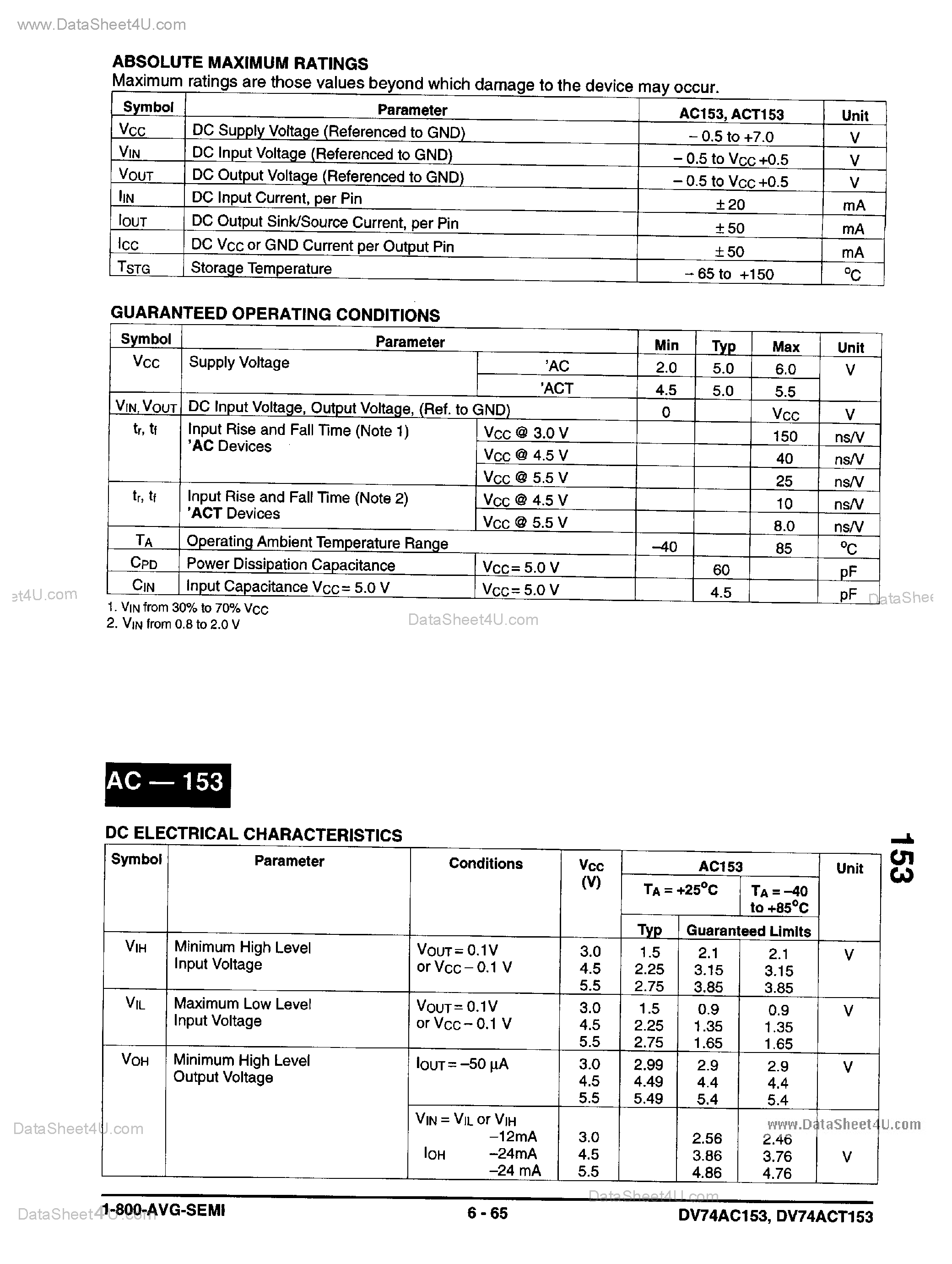 Datasheet DV74AC153 page 2 Datasheet DV74AC153 - Dual 4-Input Multiplexer page 2