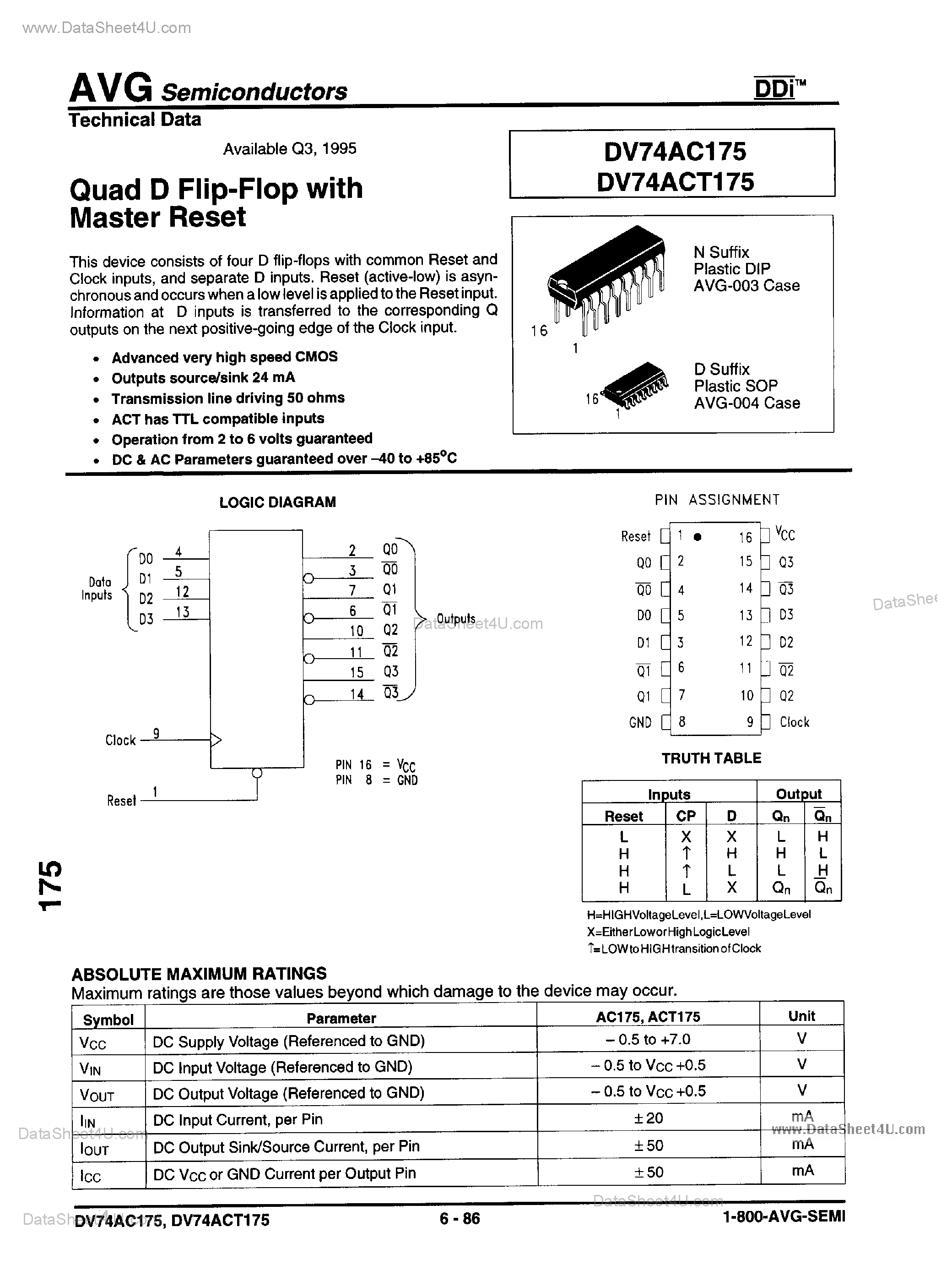 Datasheet DV74AC175 - Quad D Flip-Flop page 1