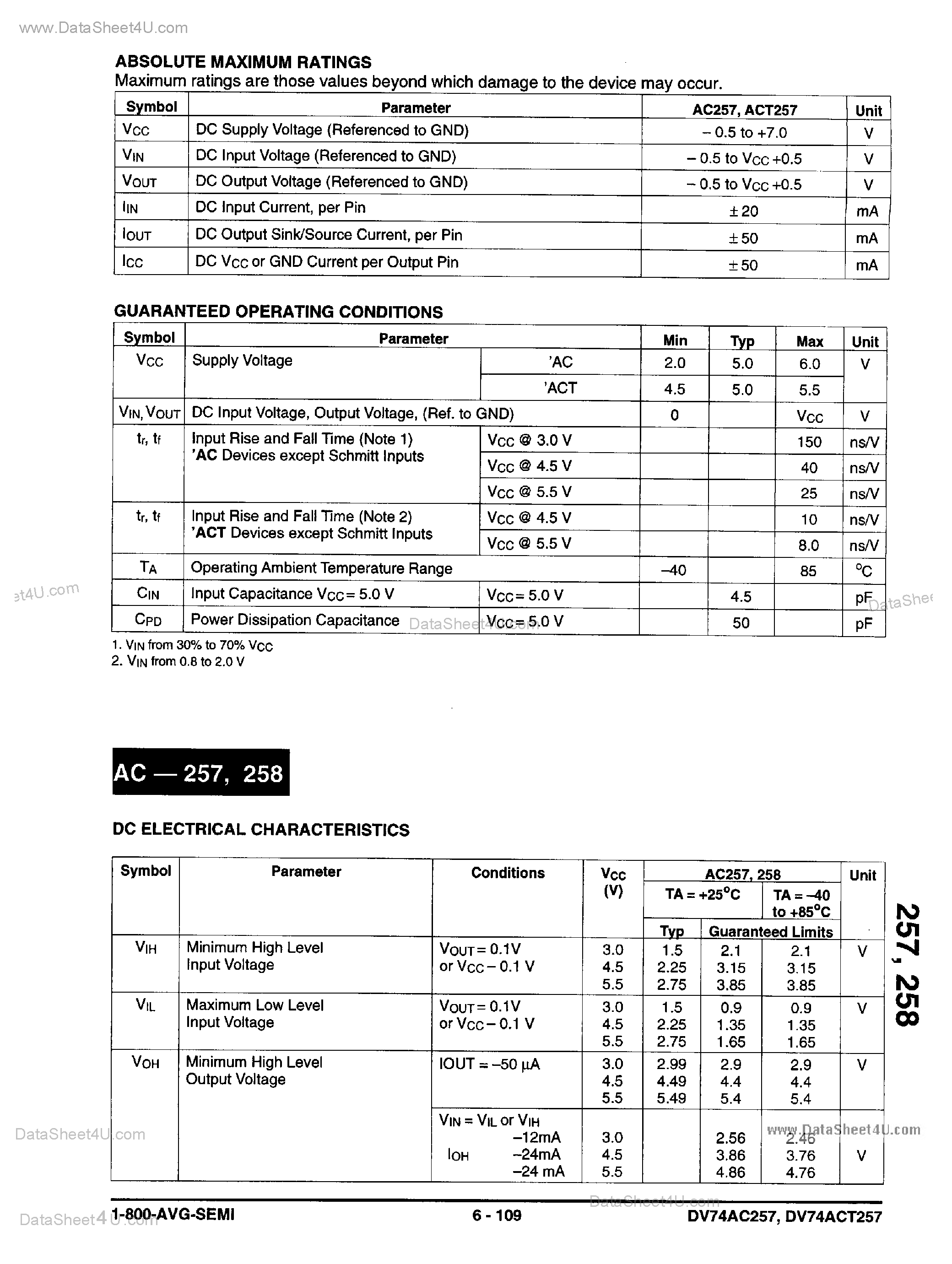 Даташит на микросхему DV74AC257 страница 2 Даташит DV74AC257 - (DV74AC257 / DV74AC258) Quad 2-Input Multiplexor страница 2