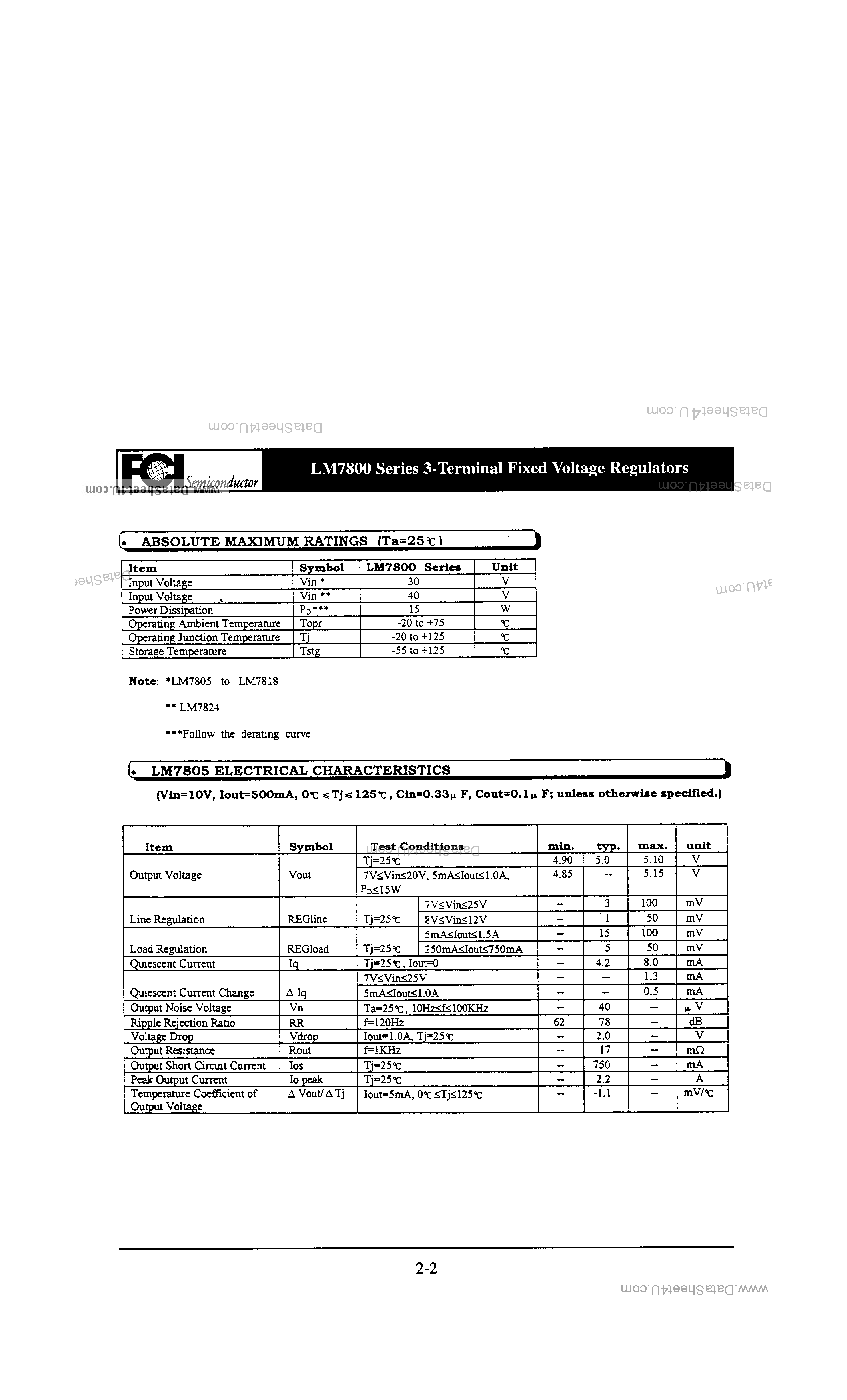 Datasheet LM7805 - LM7800 Series 3-Terminal fixed Voltage Regulators page 2