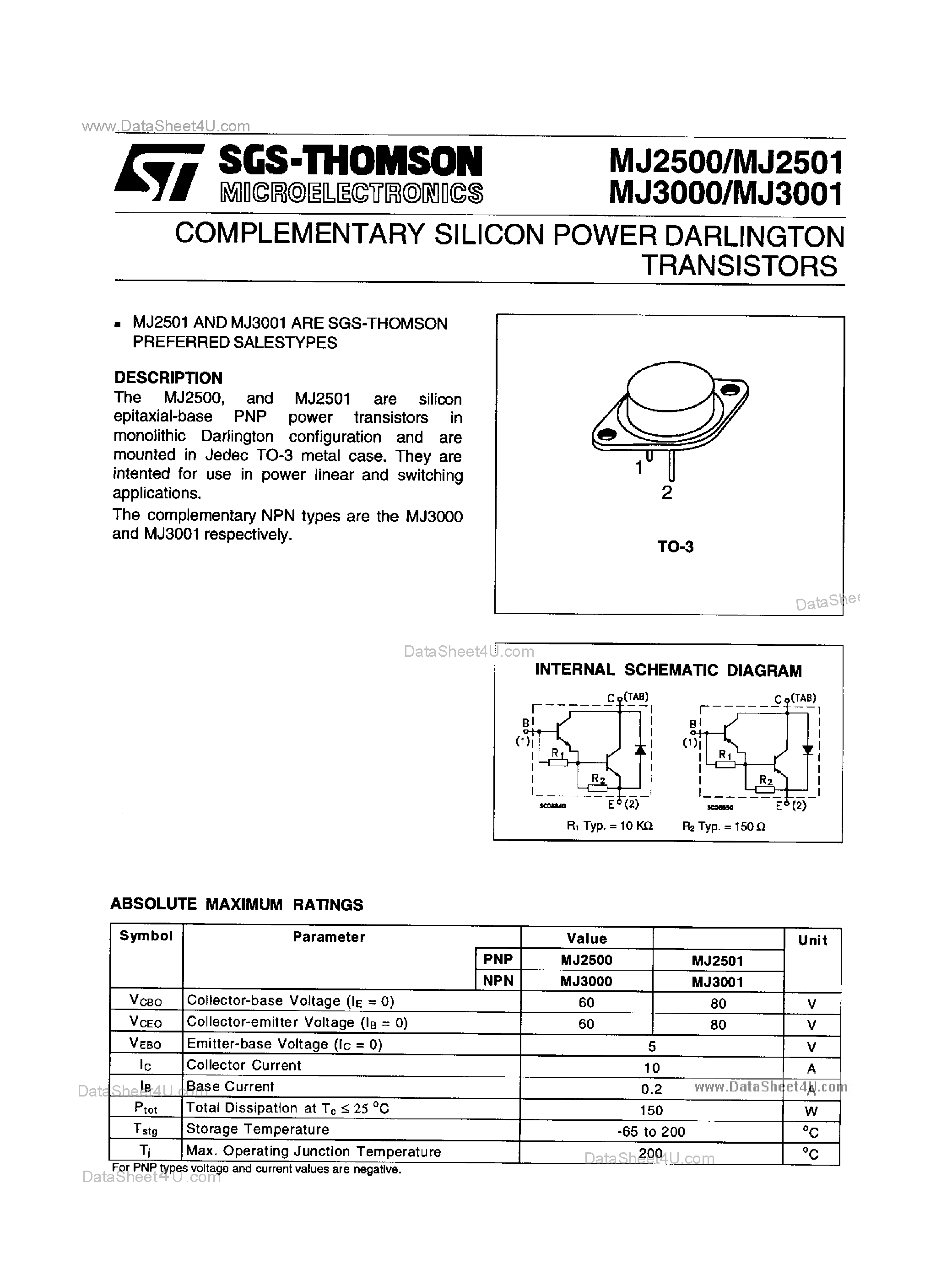 Даташит MJ3000 - (MJ3000 / MJ3001) Complementary Silicon Power Darlington Transistors страница 1