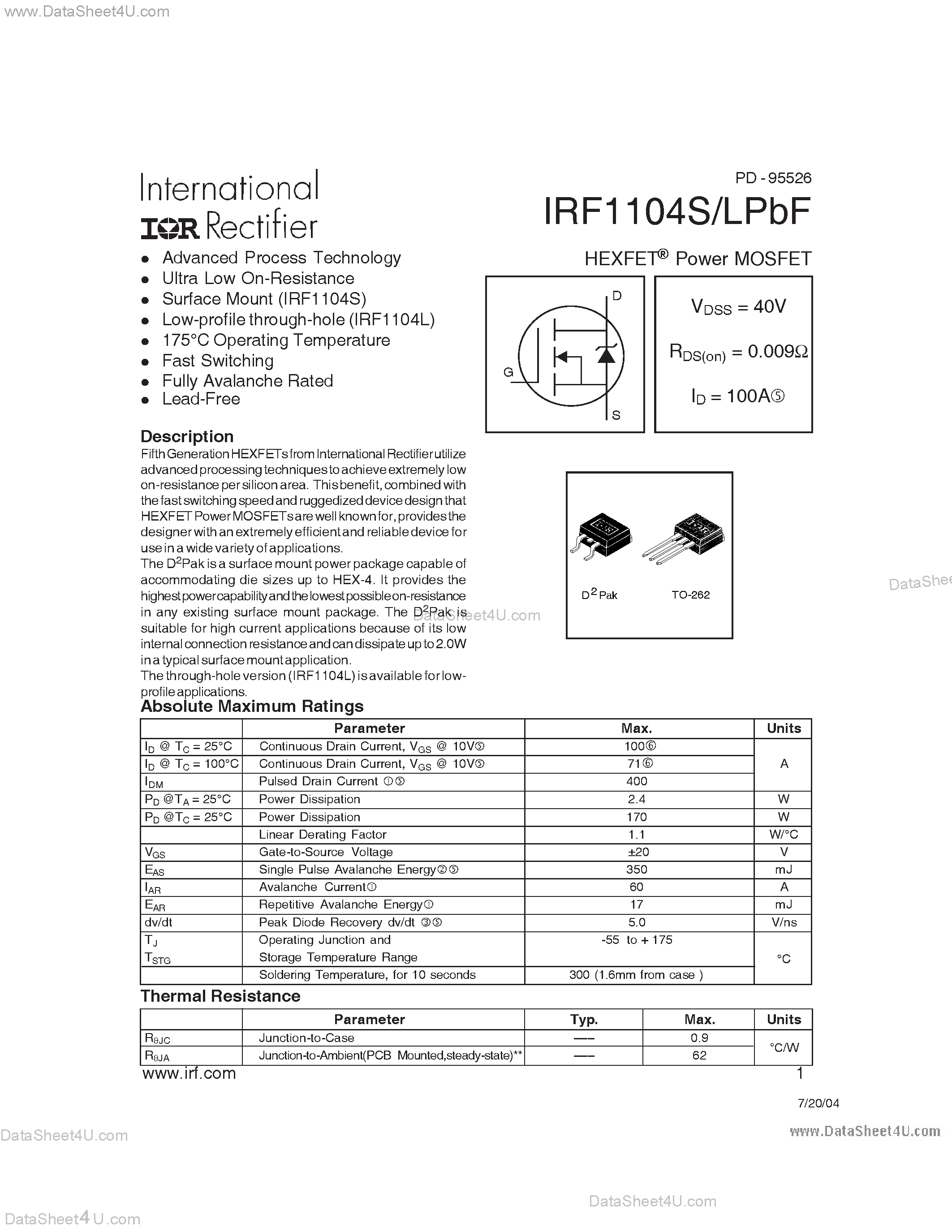 Даташит на микросхему IRF1104LPBF страница 1 Даташит IRF1104LPBF - (IRF1104S/LPBF) HEXFET Power MOSFET страница 1