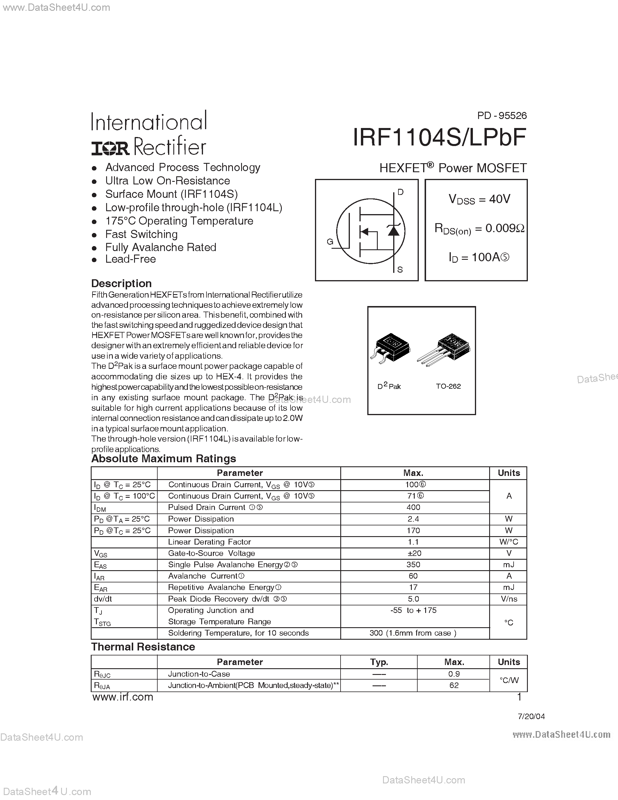 Даташит IRF1104LPBF - (IRF1104S/LPBF) HEXFET Power MOSFET страница 1