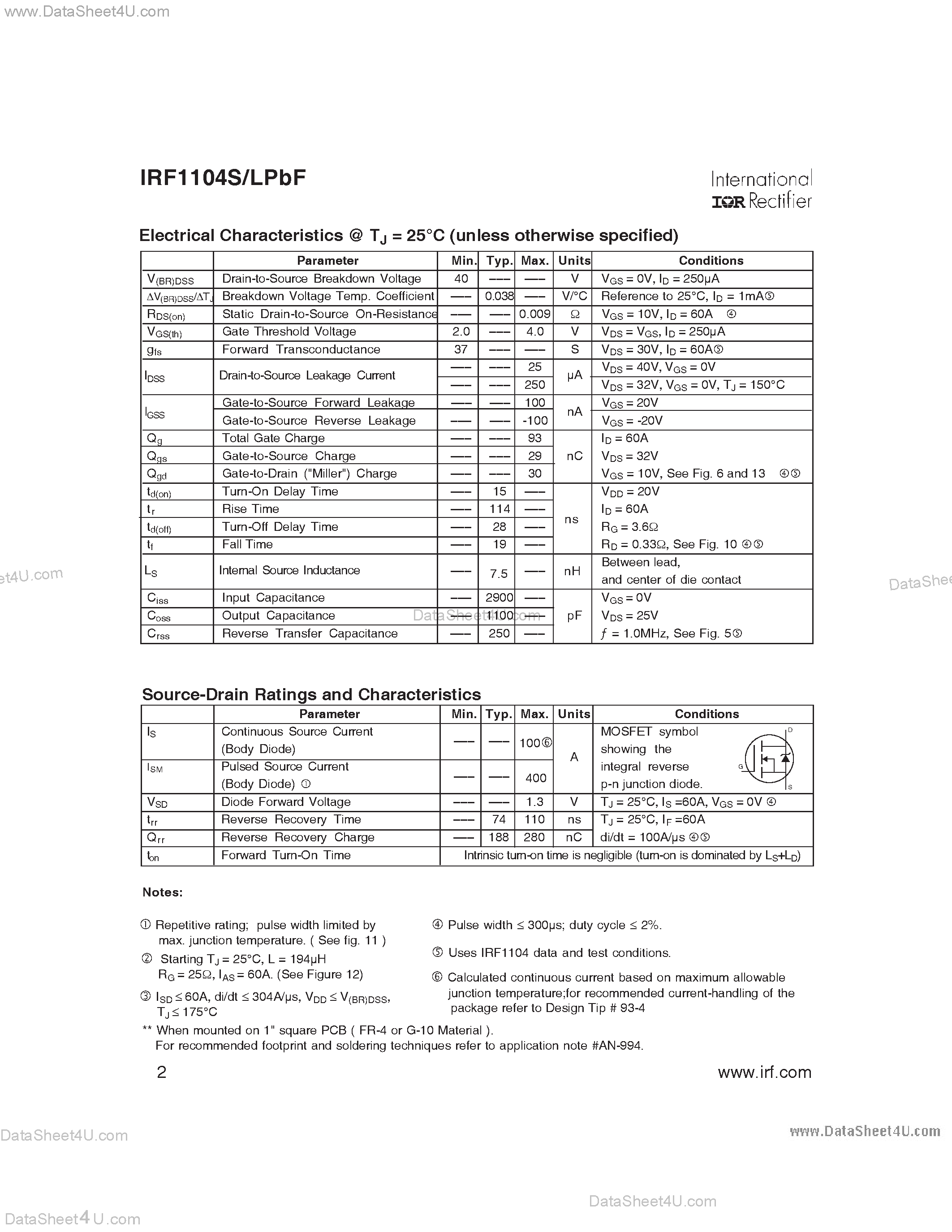 Datasheet IRF1104LPBF - (IRF1104S/LPBF) HEXFET Power MOSFET page 2