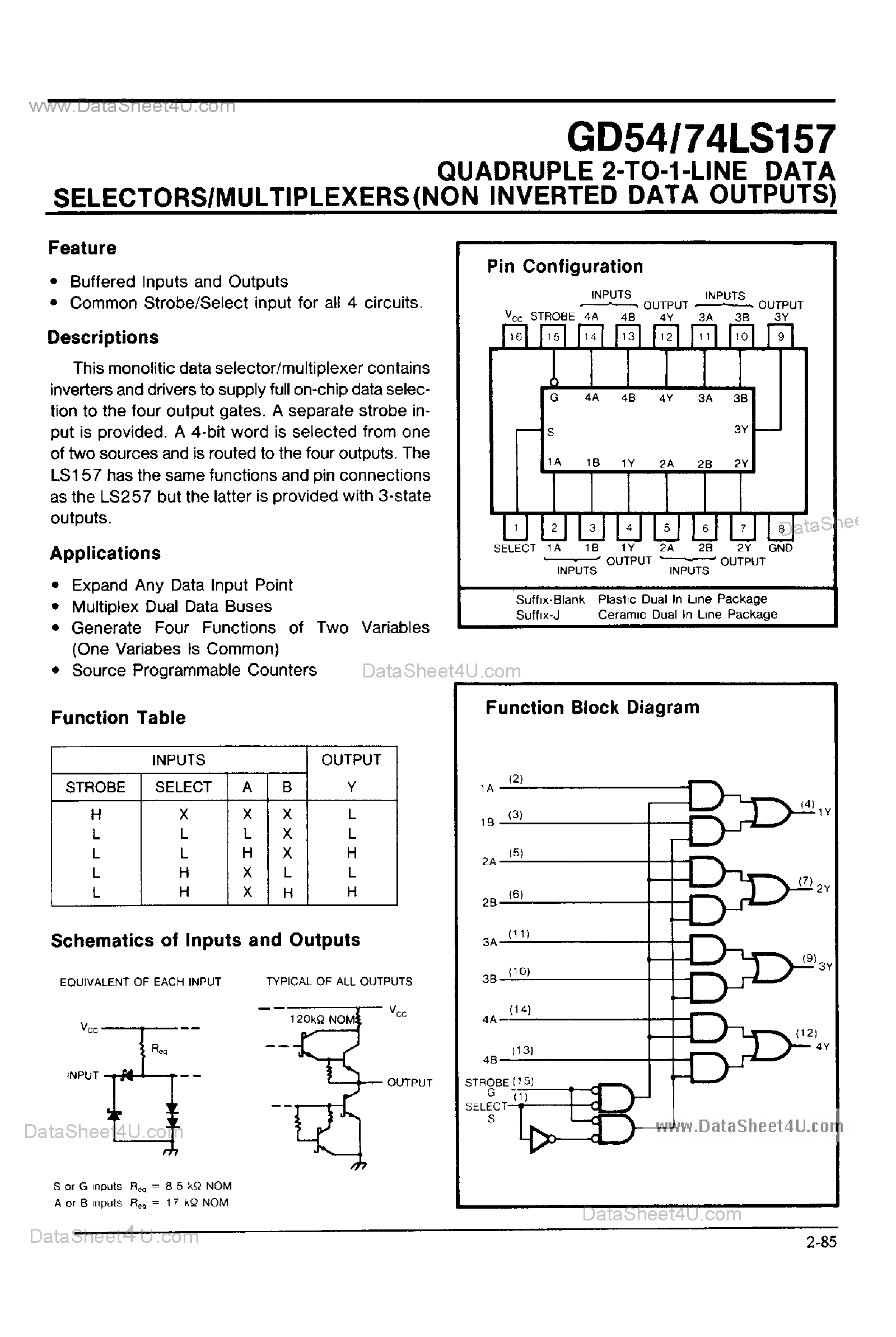 Даташит на микросхему GD74LS157 страница 1 Даташит GD74LS157 - Quadruple 2 to 1 Line Data Selectors / Multiplexers страница 1