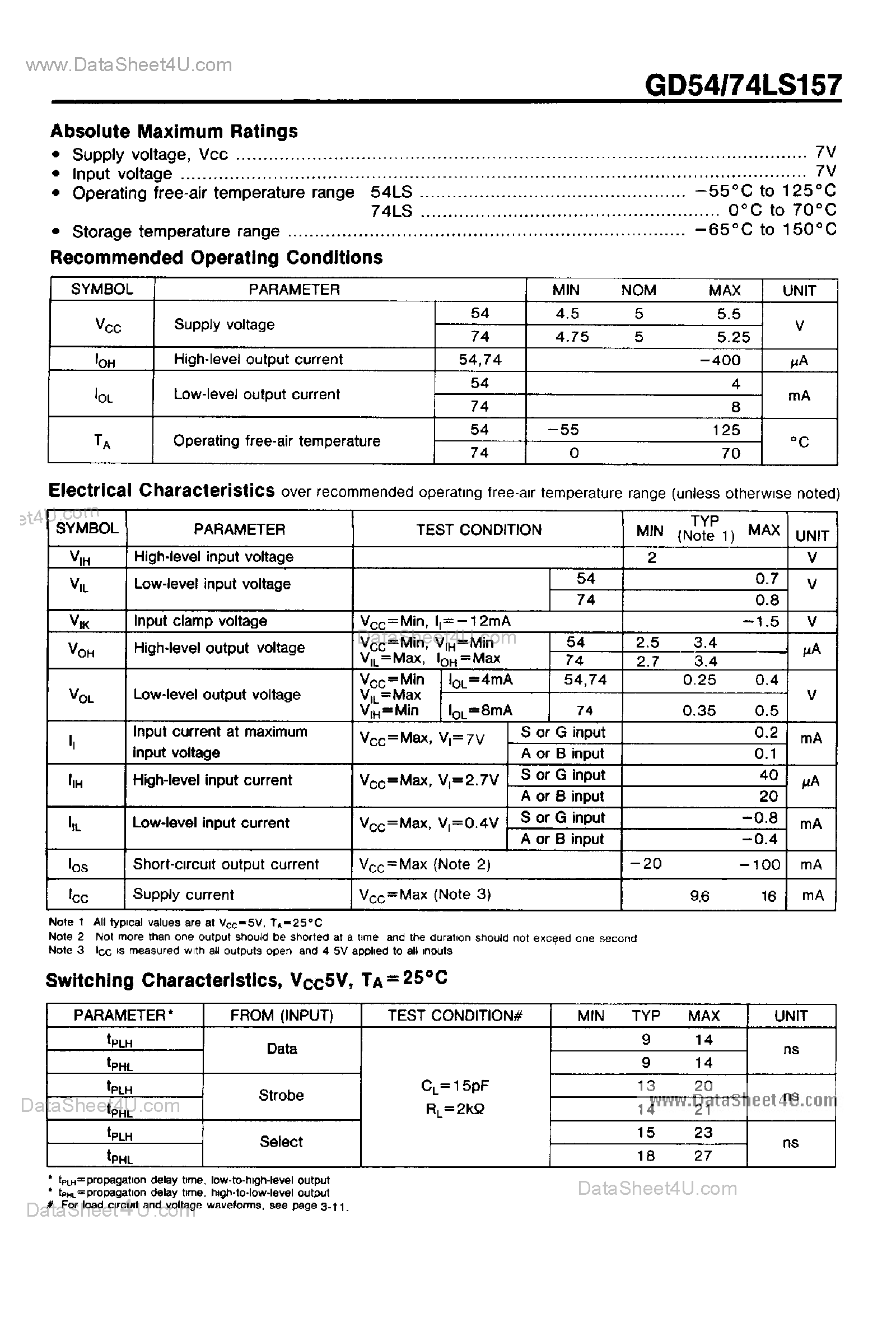 Даташит на микросхему GD74LS157 страница 2 Даташит GD74LS157 - Quadruple 2 to 1 Line Data Selectors / Multiplexers страница 2