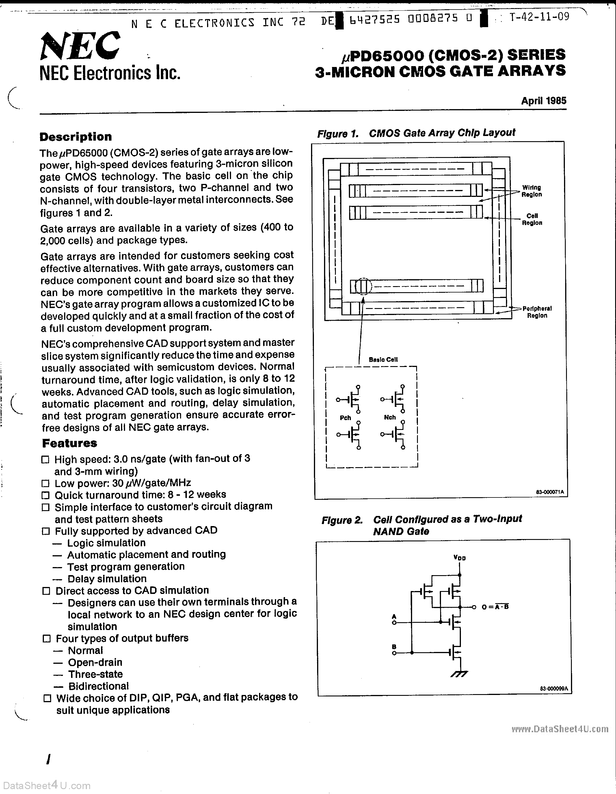 Datasheet UPD65002 - (UPD65000 Series) 3-Micron CMOS Gate Arrays page 1