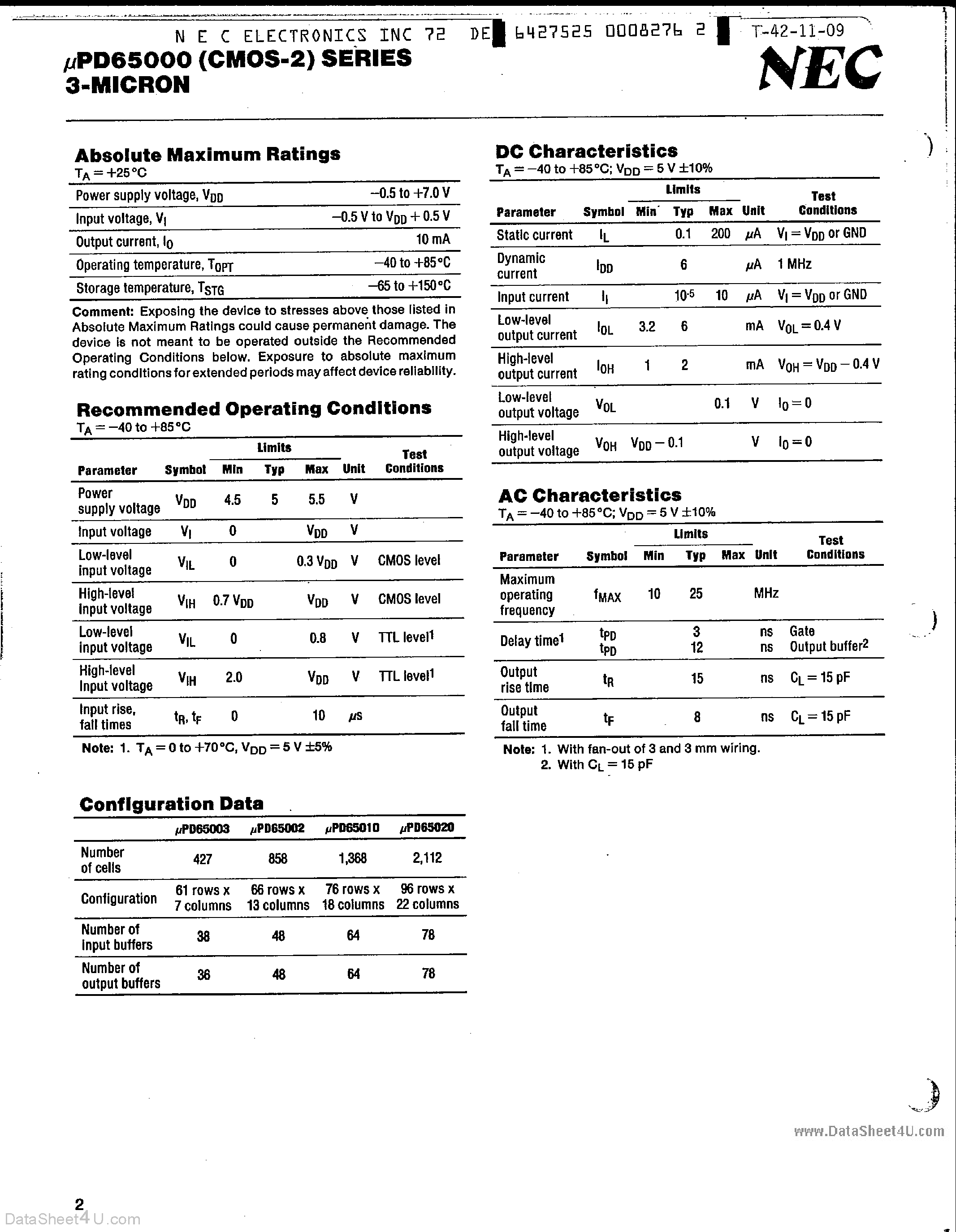 Datasheet UPD65002 - (UPD65000 Series) 3-Micron CMOS Gate Arrays page 2