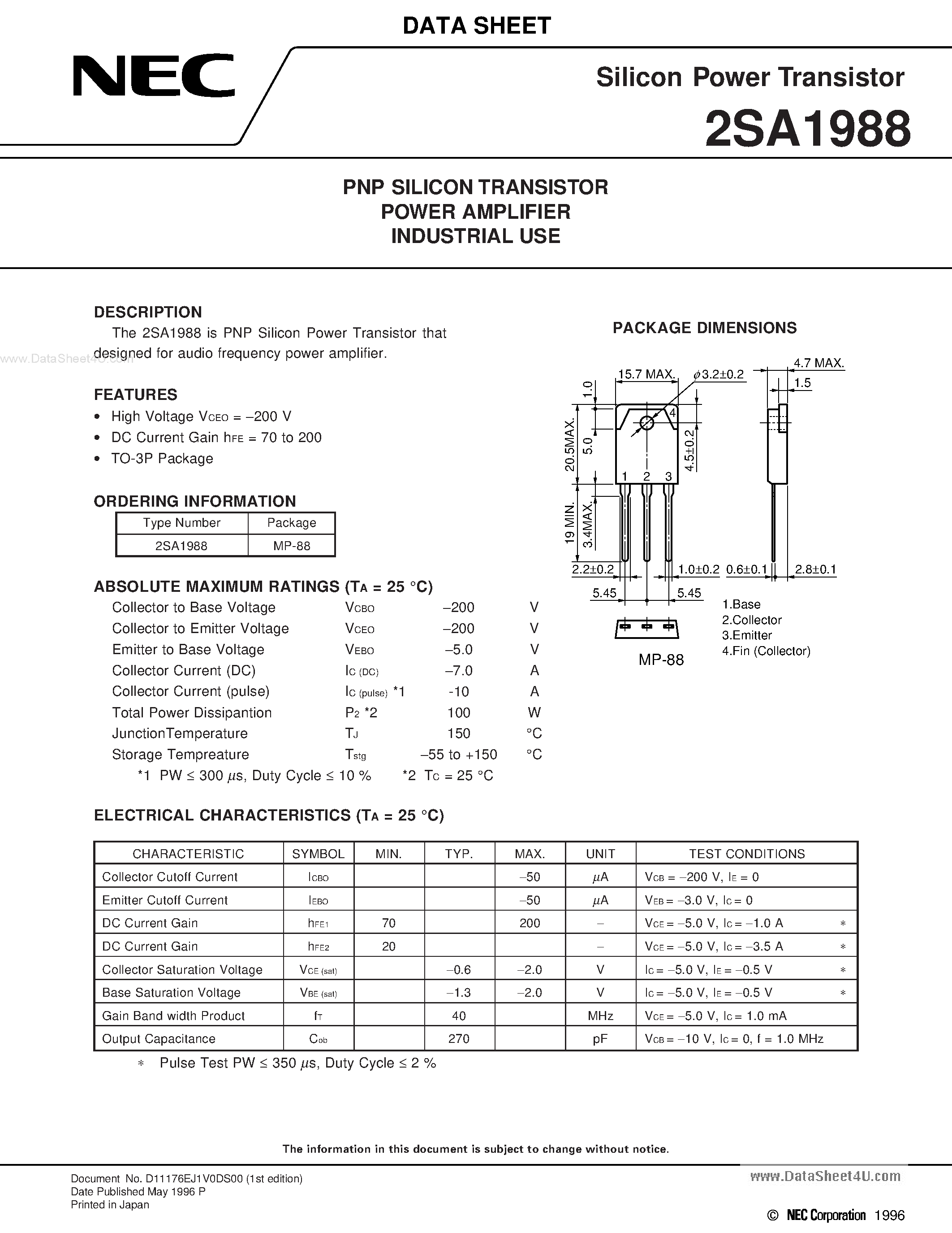 Datasheet A1988 - Search -----> 2SA1988 page 1