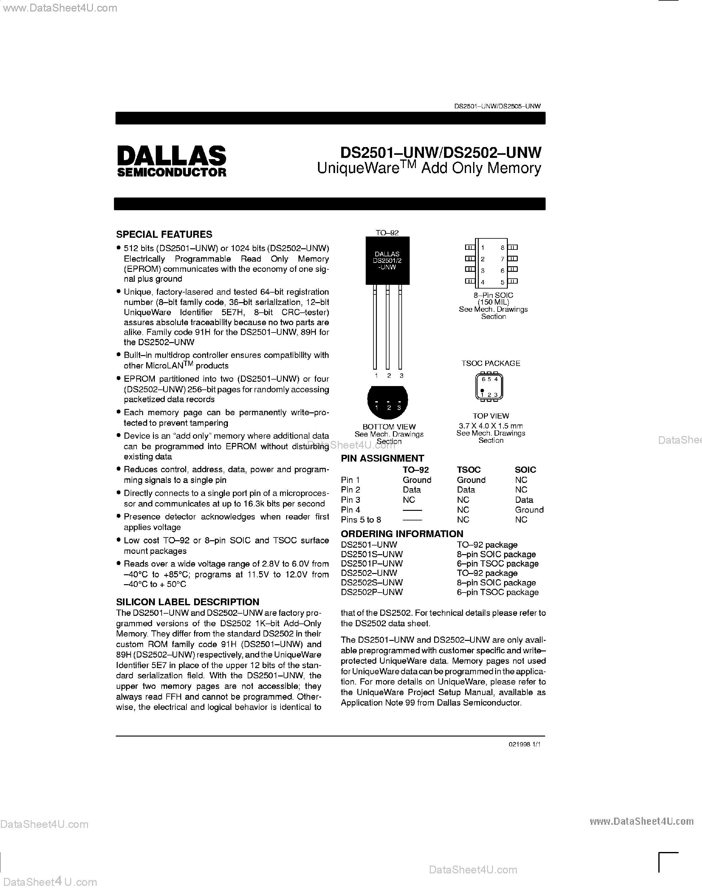 Datasheet DS2501 page 1 Datasheet DS2501 - (DS2501 / DS2502) Add Only Memory page 1