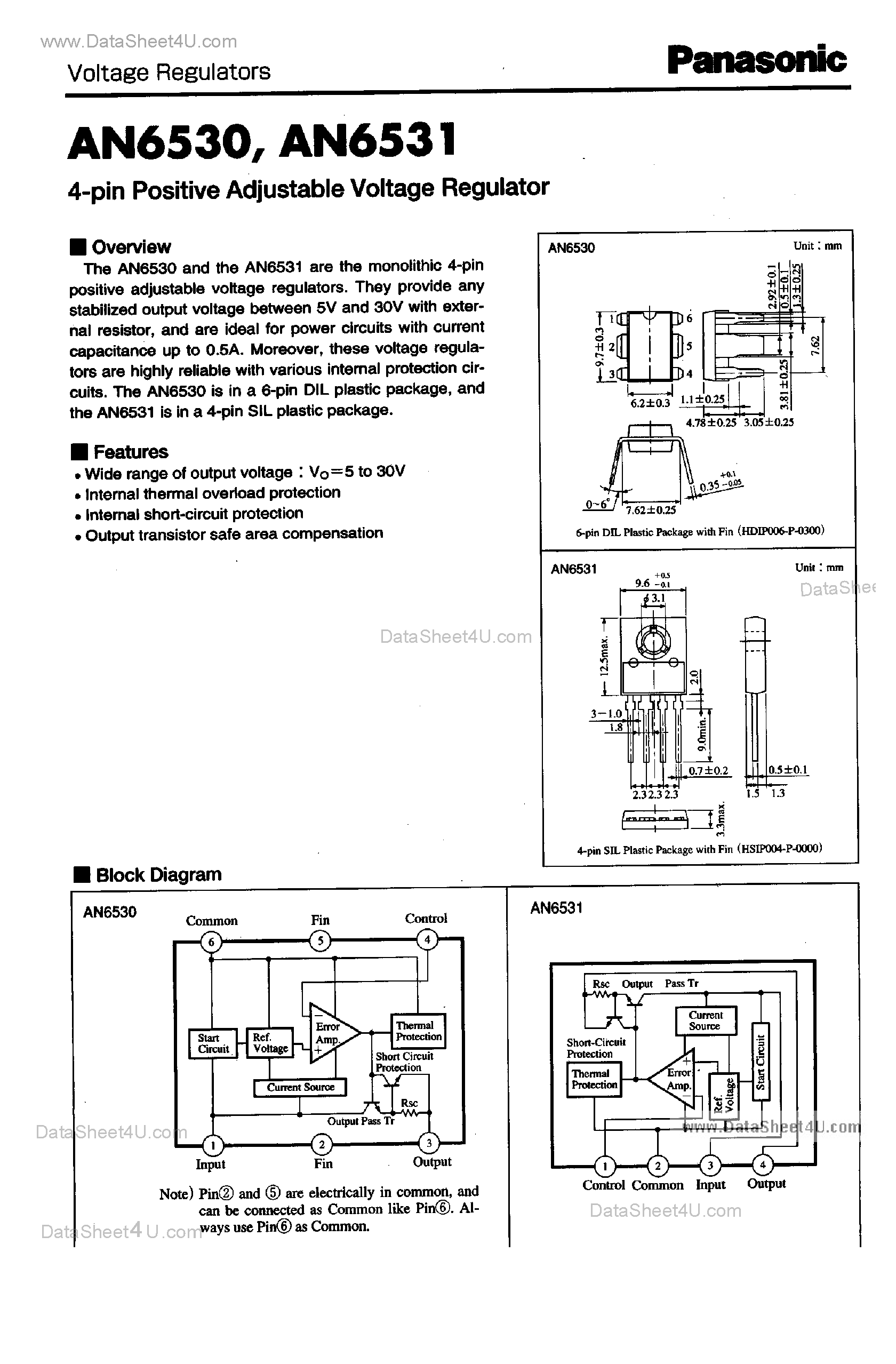 Datasheet AN6530 - (AN6530 / AN6531) 4-Pin Positive Adjustable Voltage Regulator page 1