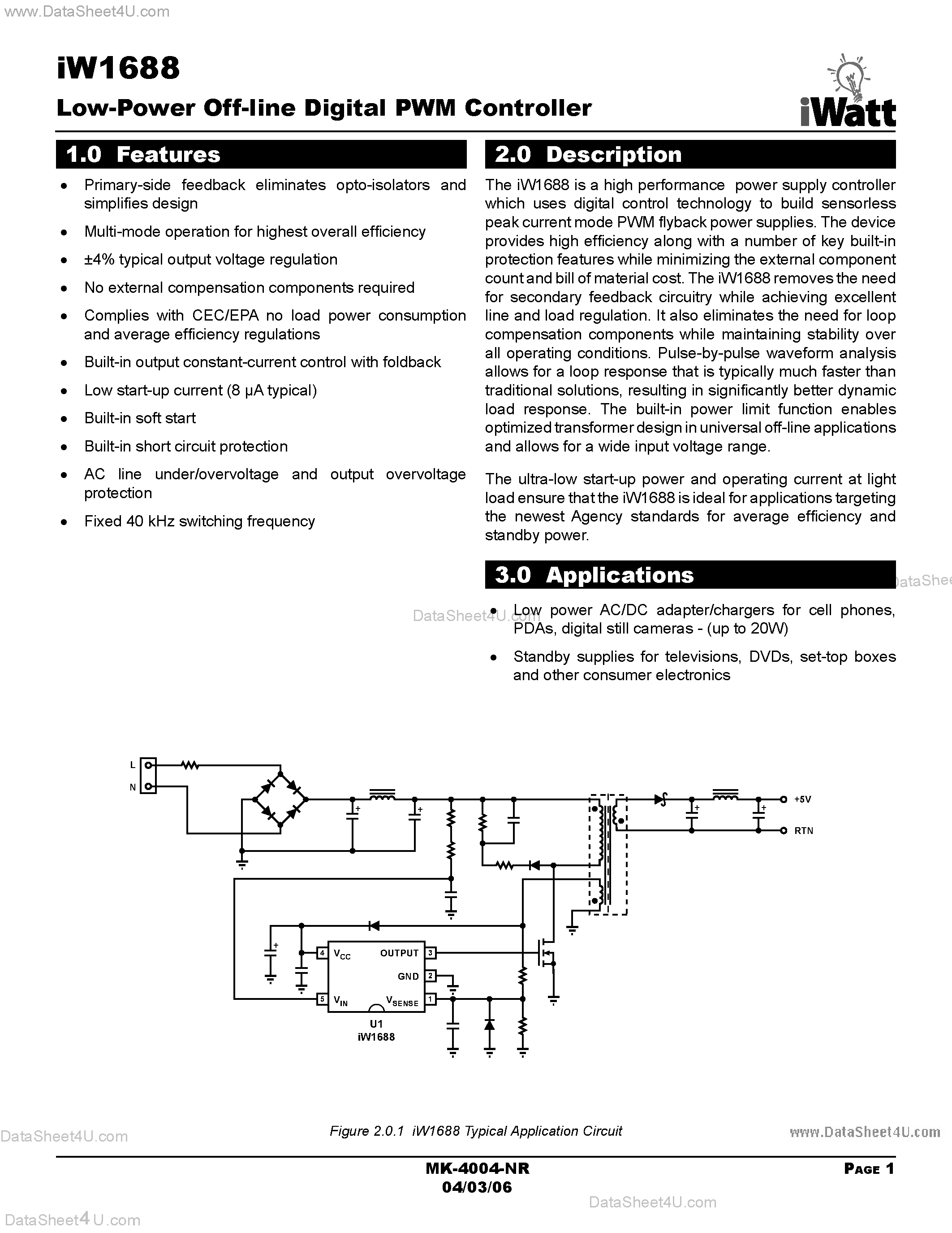 Даташит на микросхему IW1688 страница 1 Даташит IW1688 - Low Power Off Line Digital PWM Controller страница 1