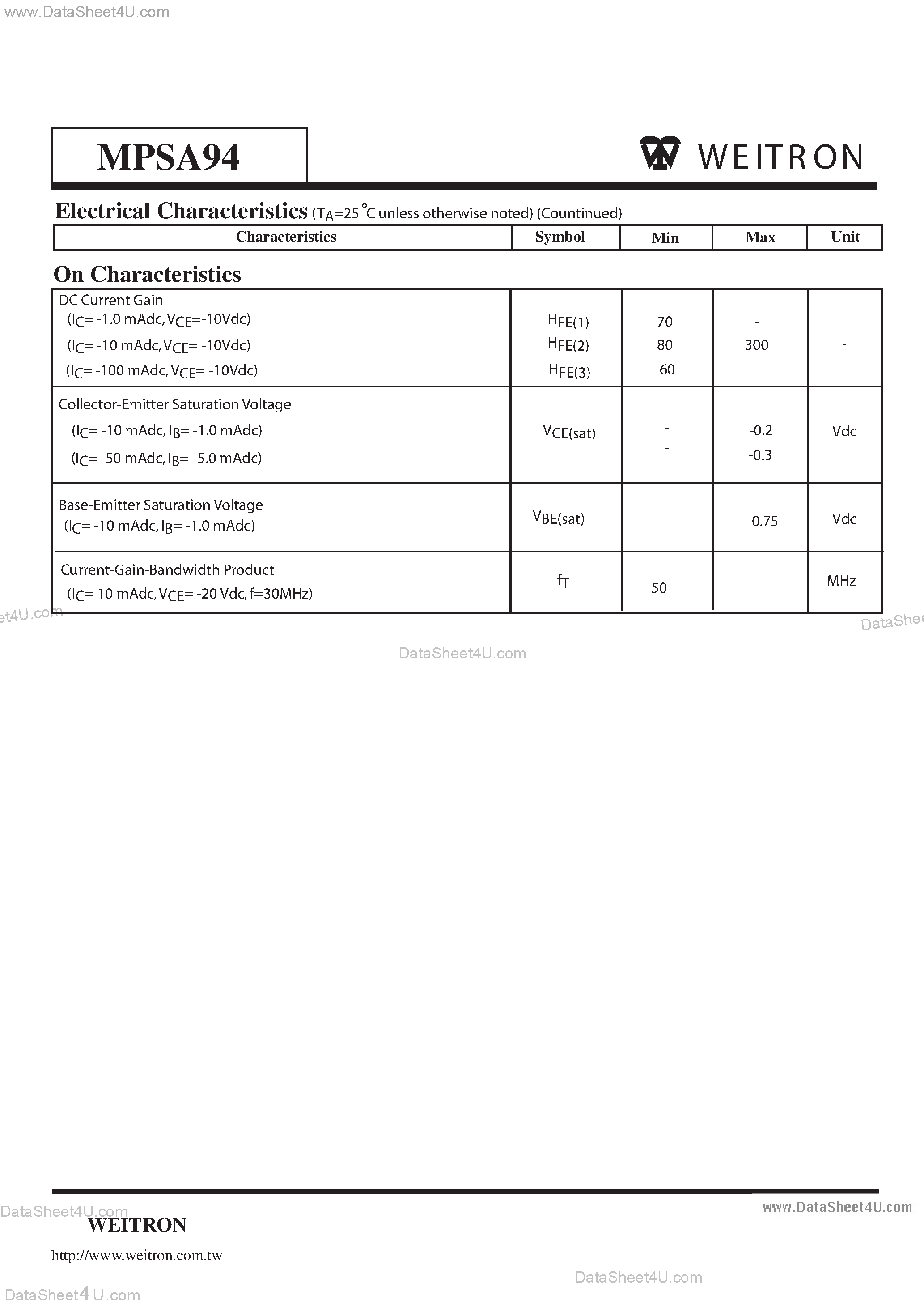 Datasheet MPSA94 page 2 Datasheet MPSA94 - High Voltage PNP Transistors page 2