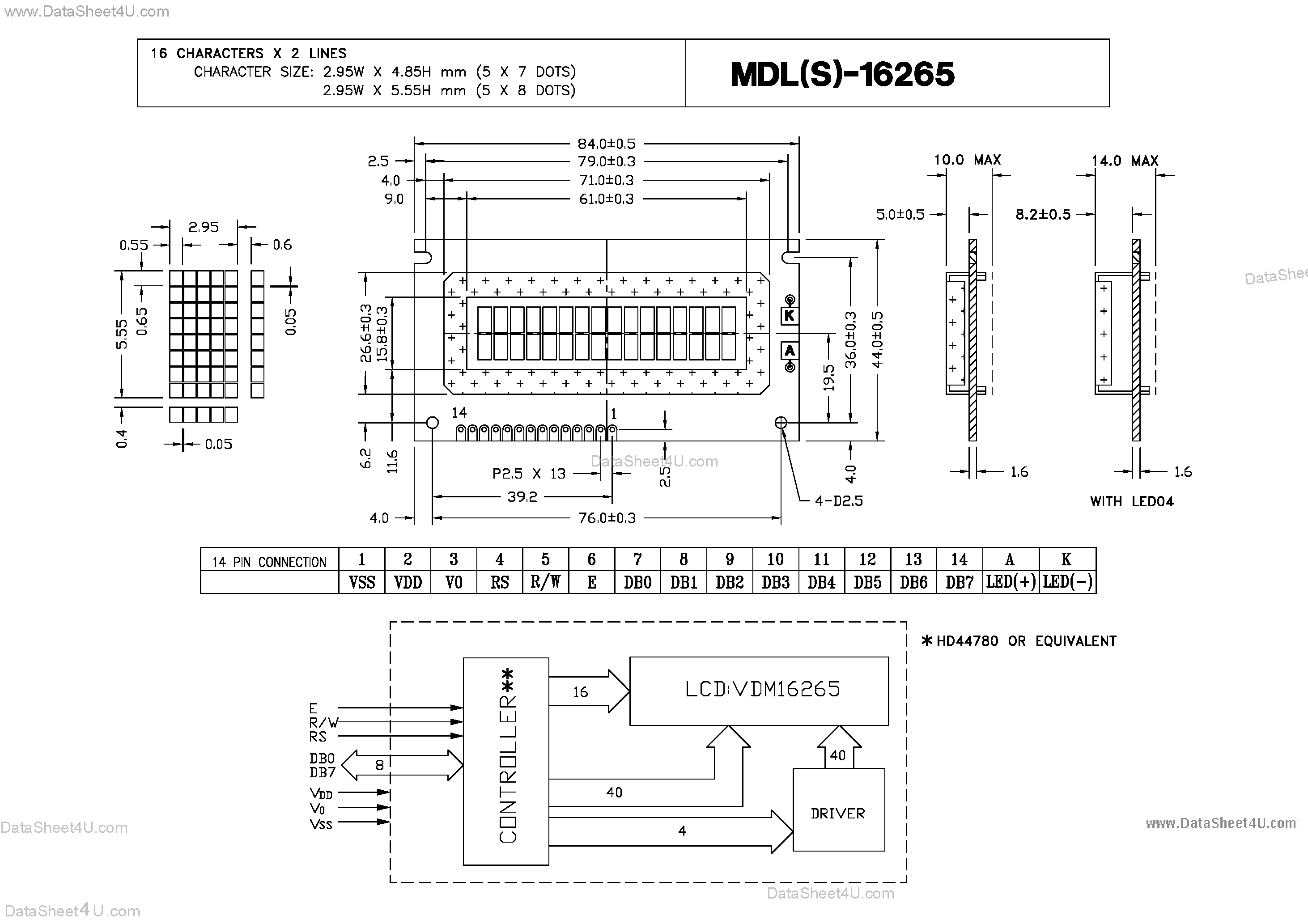 Datasheet MDL-16265 - Characters X Lines = 16 X 2 page 1