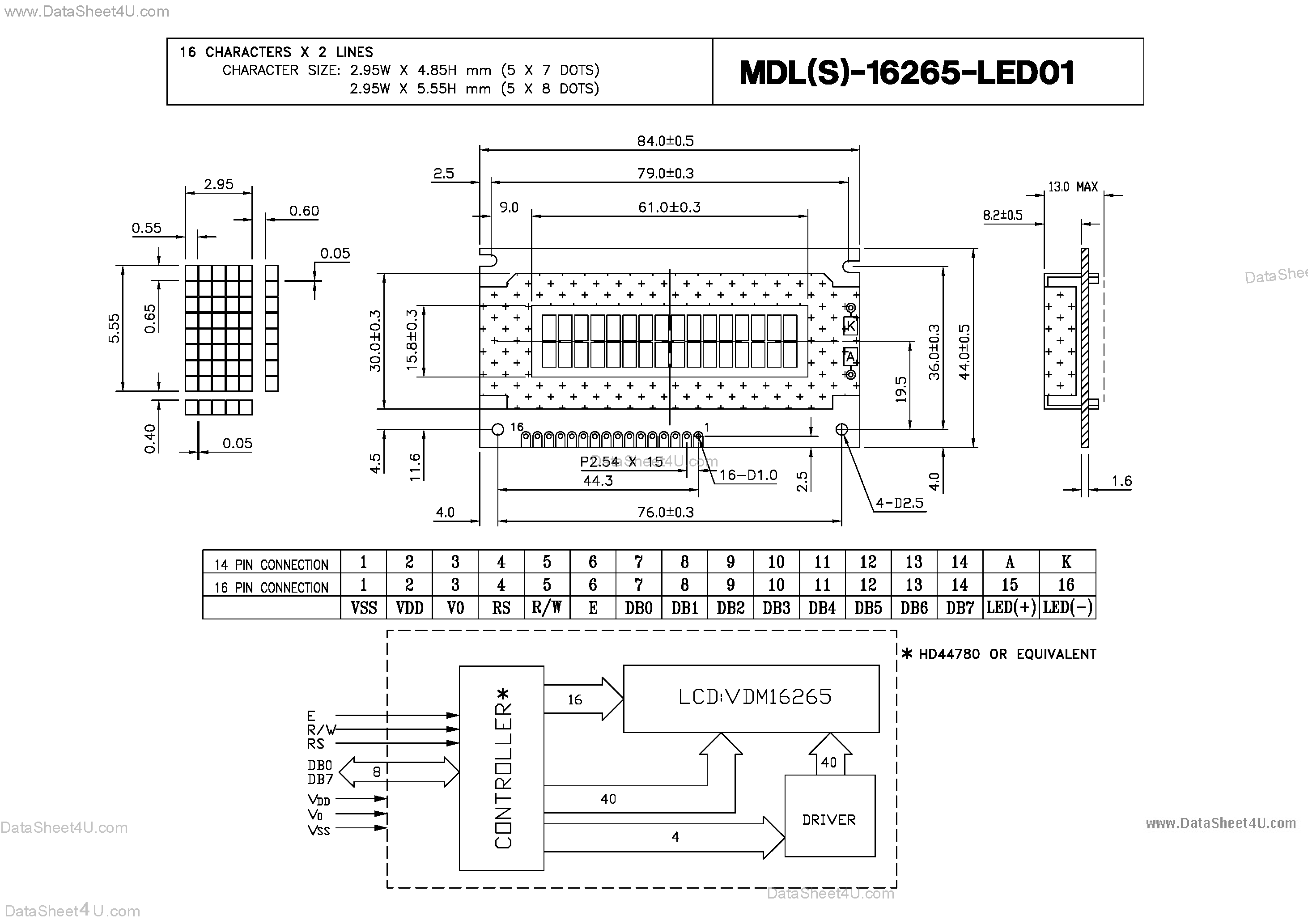 Datasheet MDL-16265-LED01 - Characters X Lines = 16 X 2 page 1