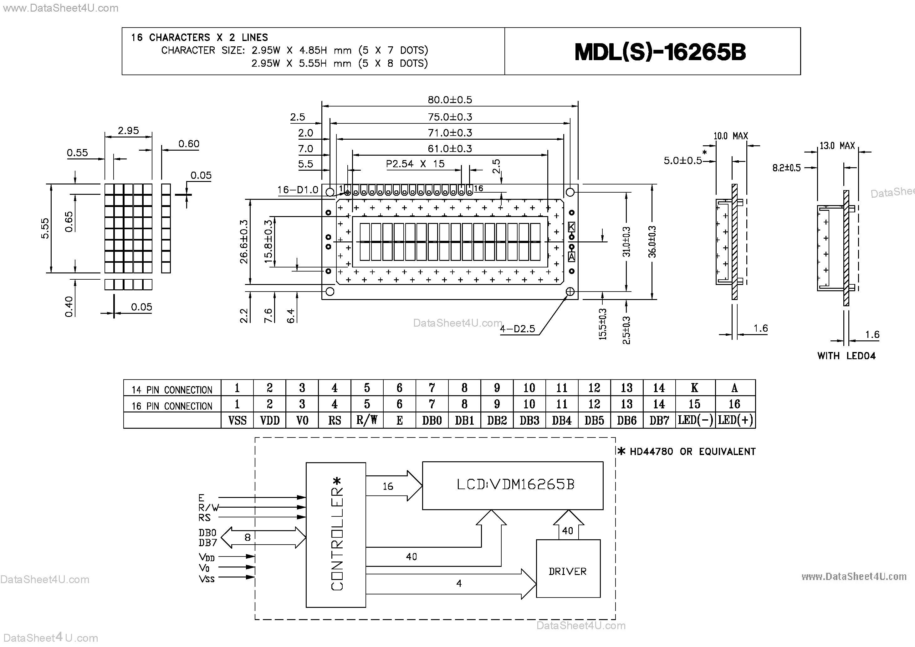 Datasheet MDL-16265B - Characters X Lines = 16 X 2 page 1