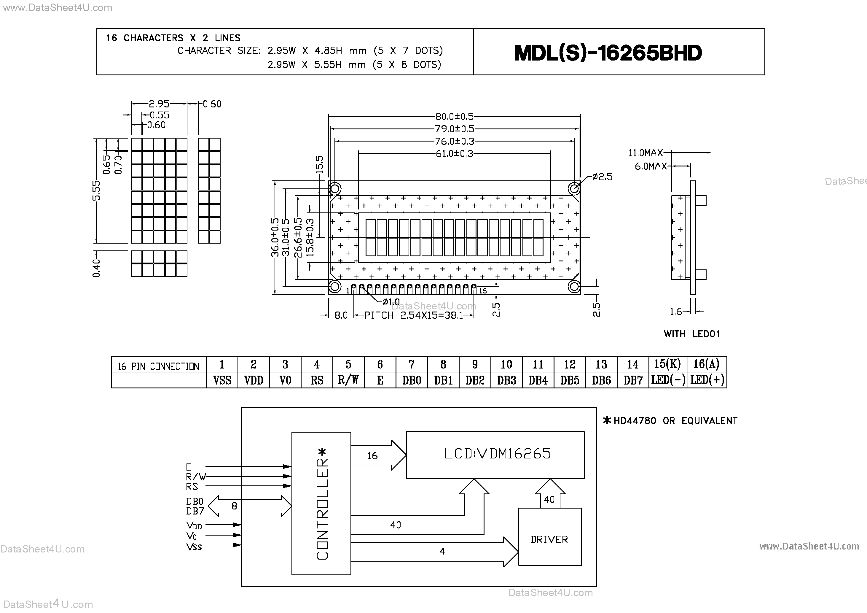 Datasheet MDL-16265BHD - Characters X Lines = 16 X 2 page 1