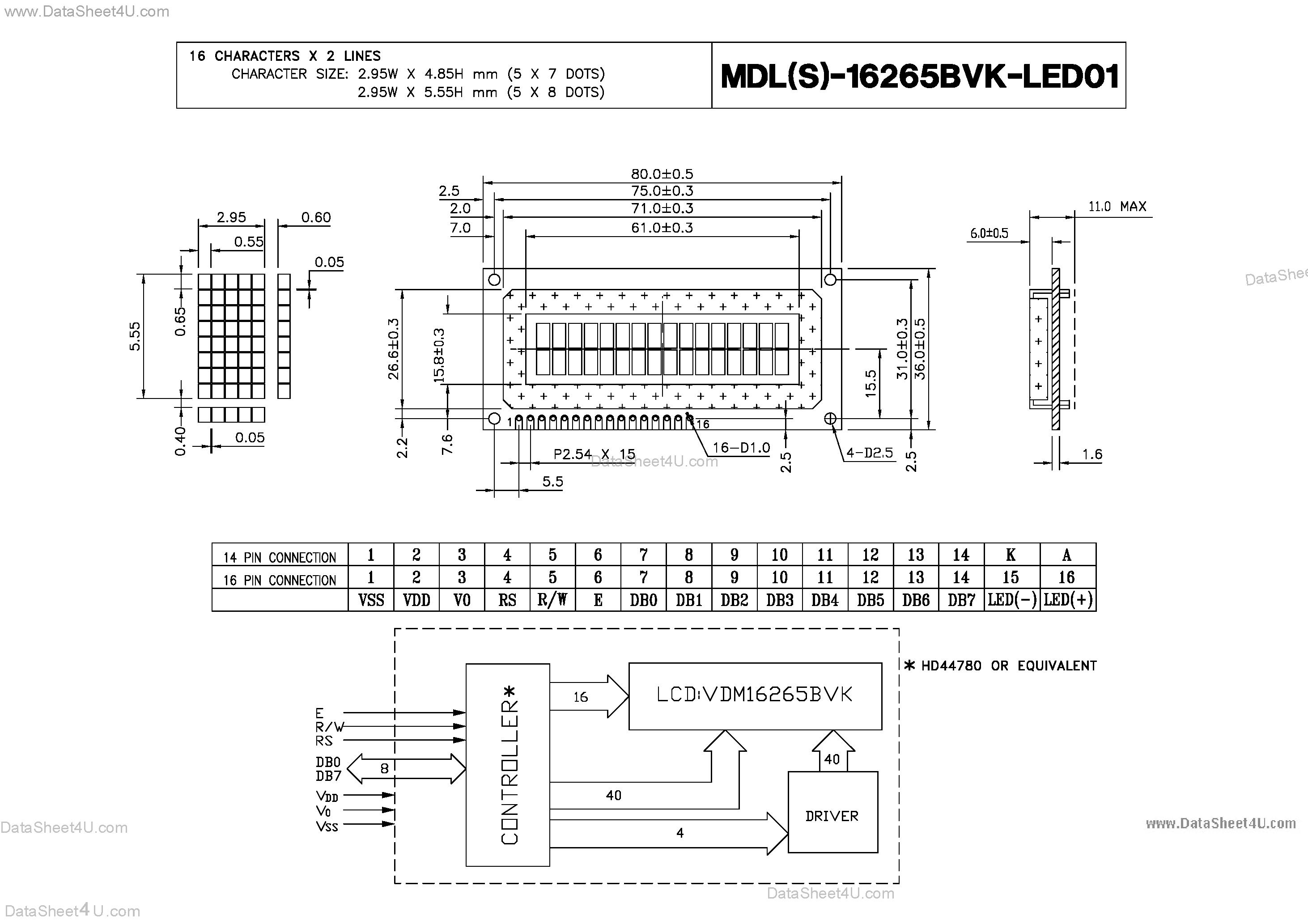 Datasheet MDL-16265BVK-LED01 - Characters X Lines = 16 X 2 page 1