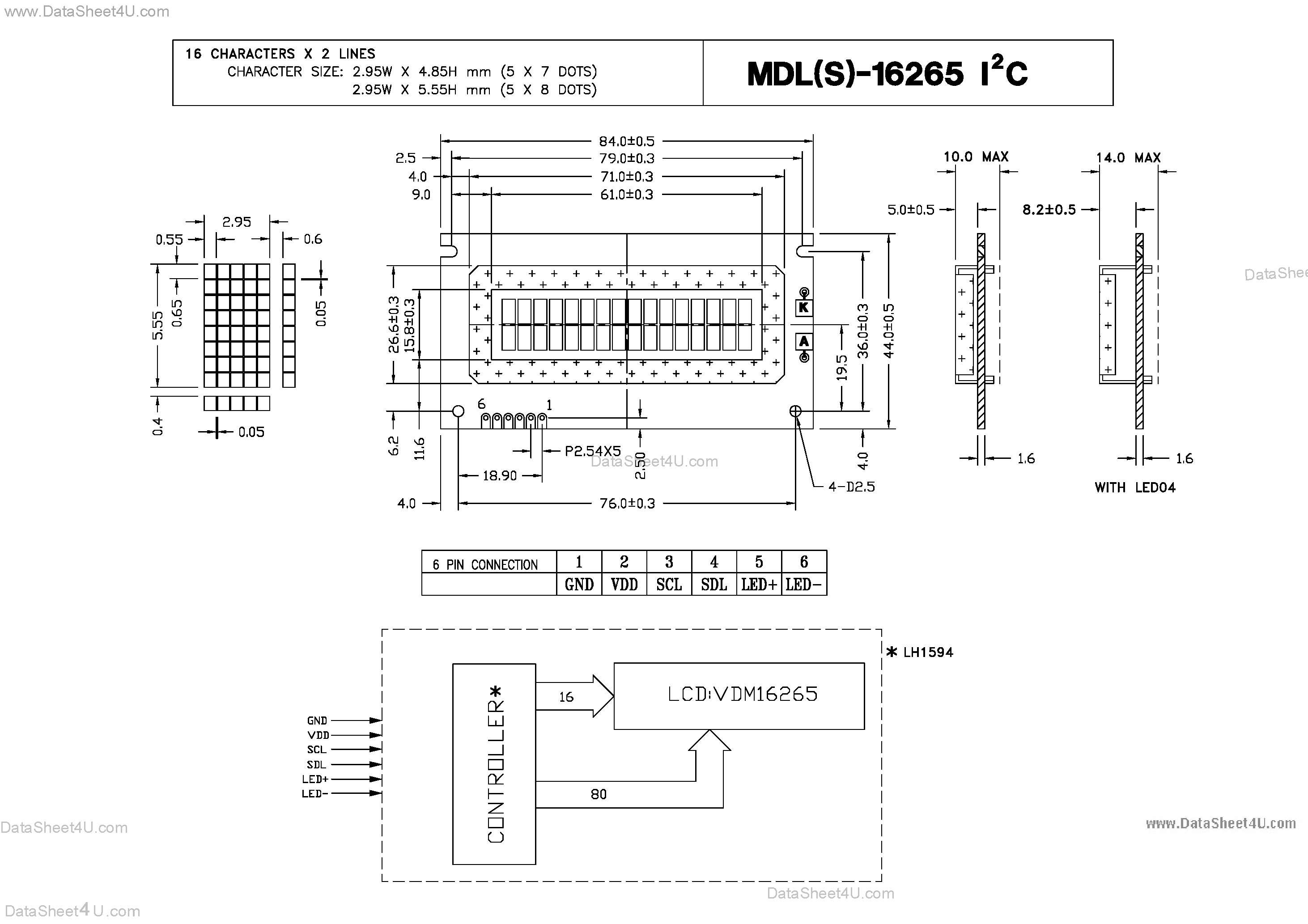 Datasheet MDL-16265I2C - Characters X Lines = 16 X 2 page 1