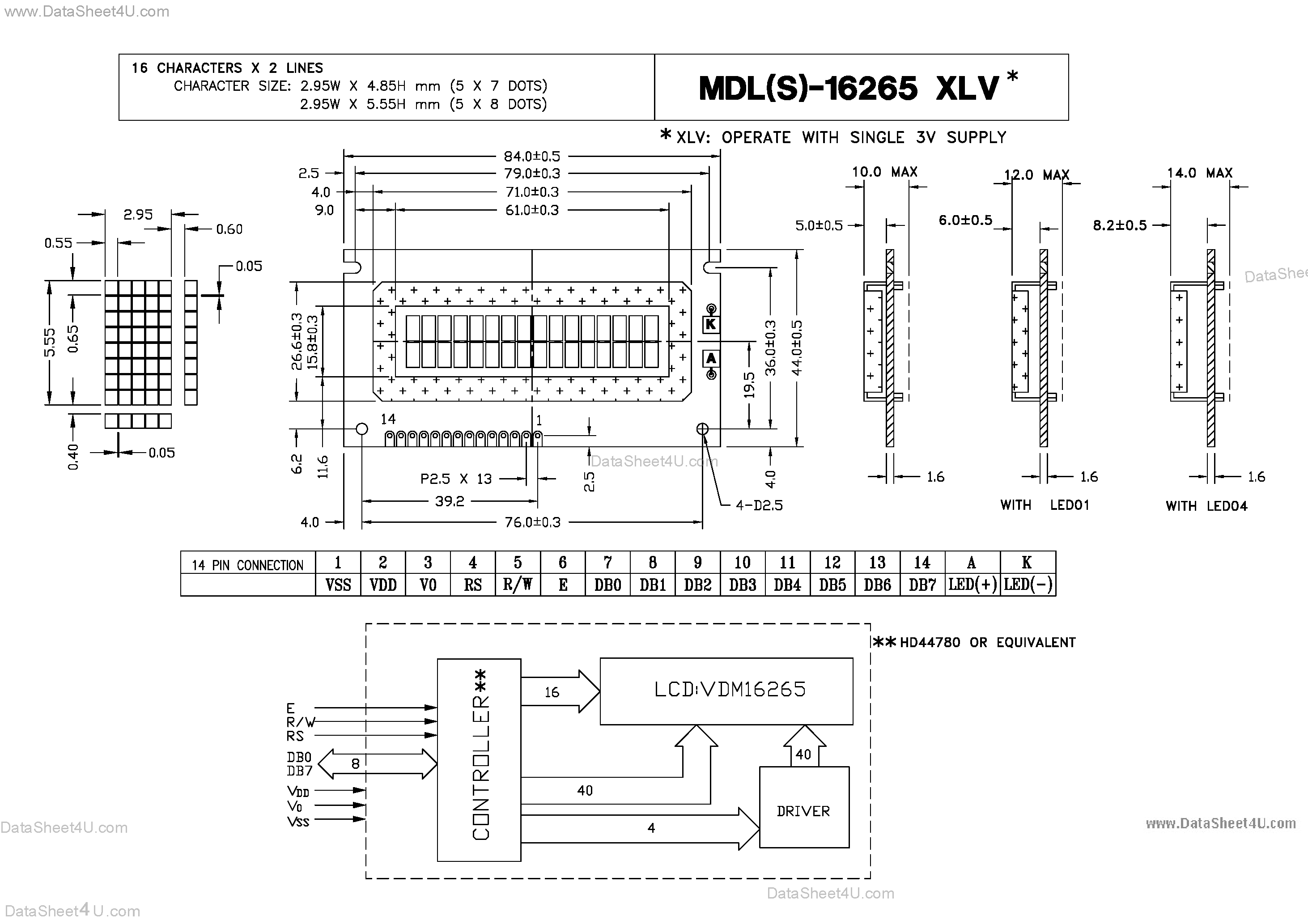 Datasheet MDL-16265XLV - Characters X Lines = 16 X 2 page 1