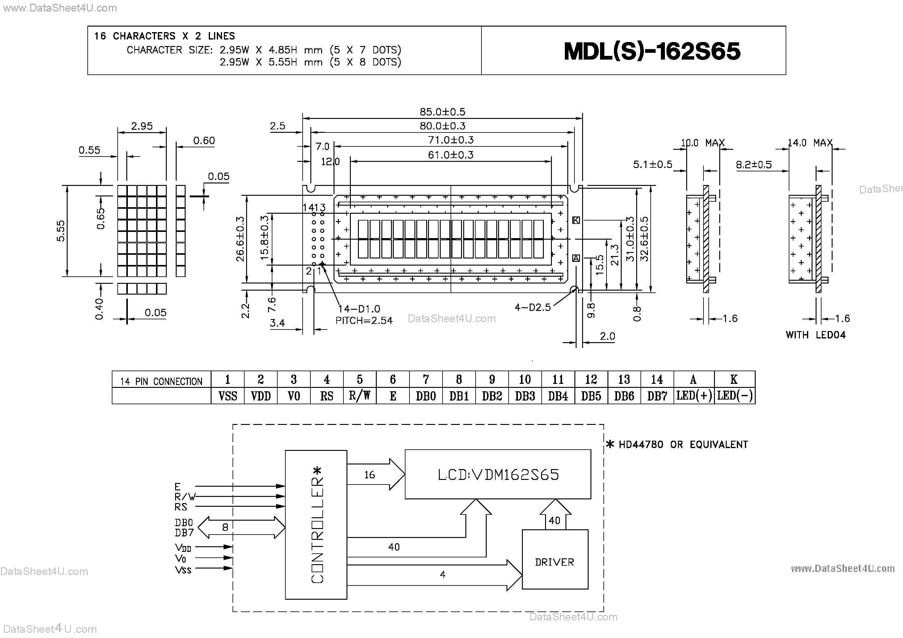 Datasheet MDL-162S65 - Characters X Lines = 16 X 2 page 1
