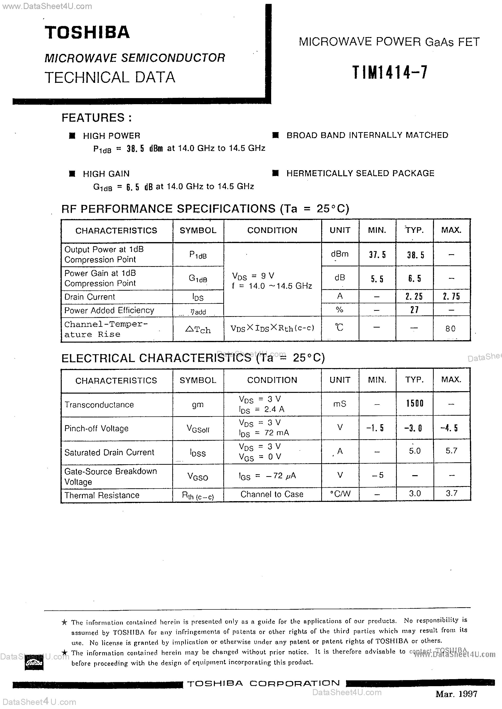 Datasheet TIM1414-7 - MICROWAVE POWER GAAS FET page 1
