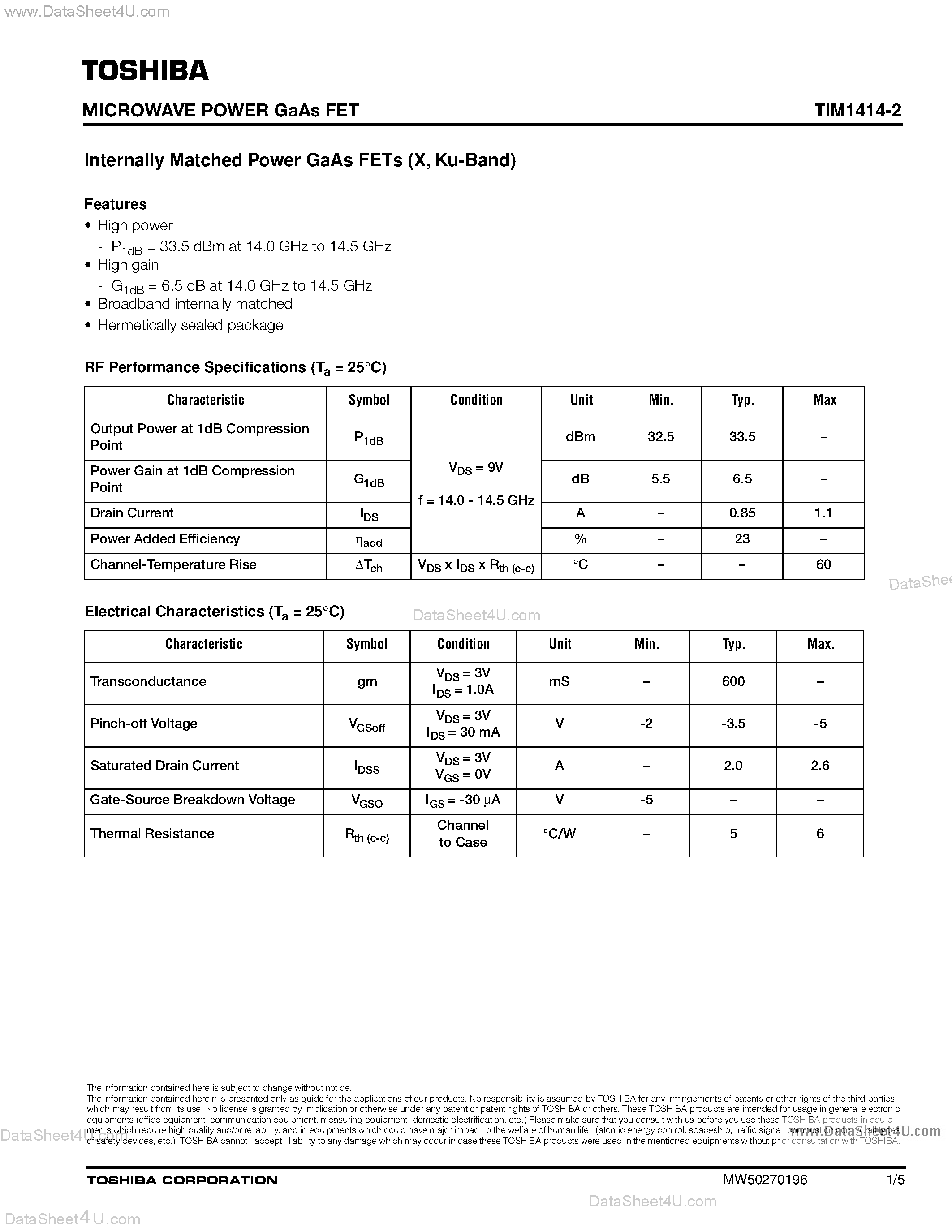 Datasheet TIM1414-2 - Microwave Power GaAs FET page 1