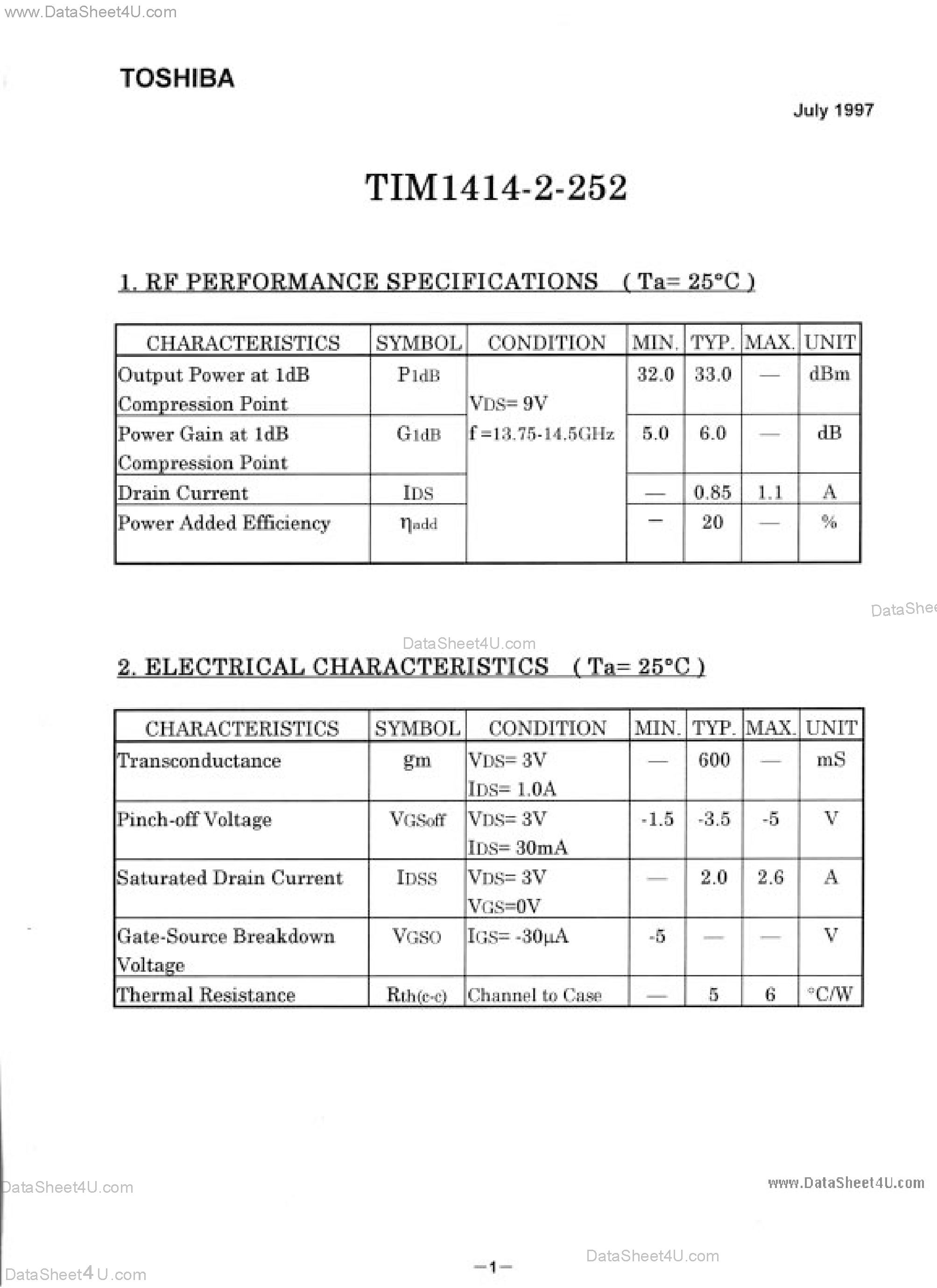 Datasheet TIM1414-2-252 - Microwave Power GaAs FET page 1