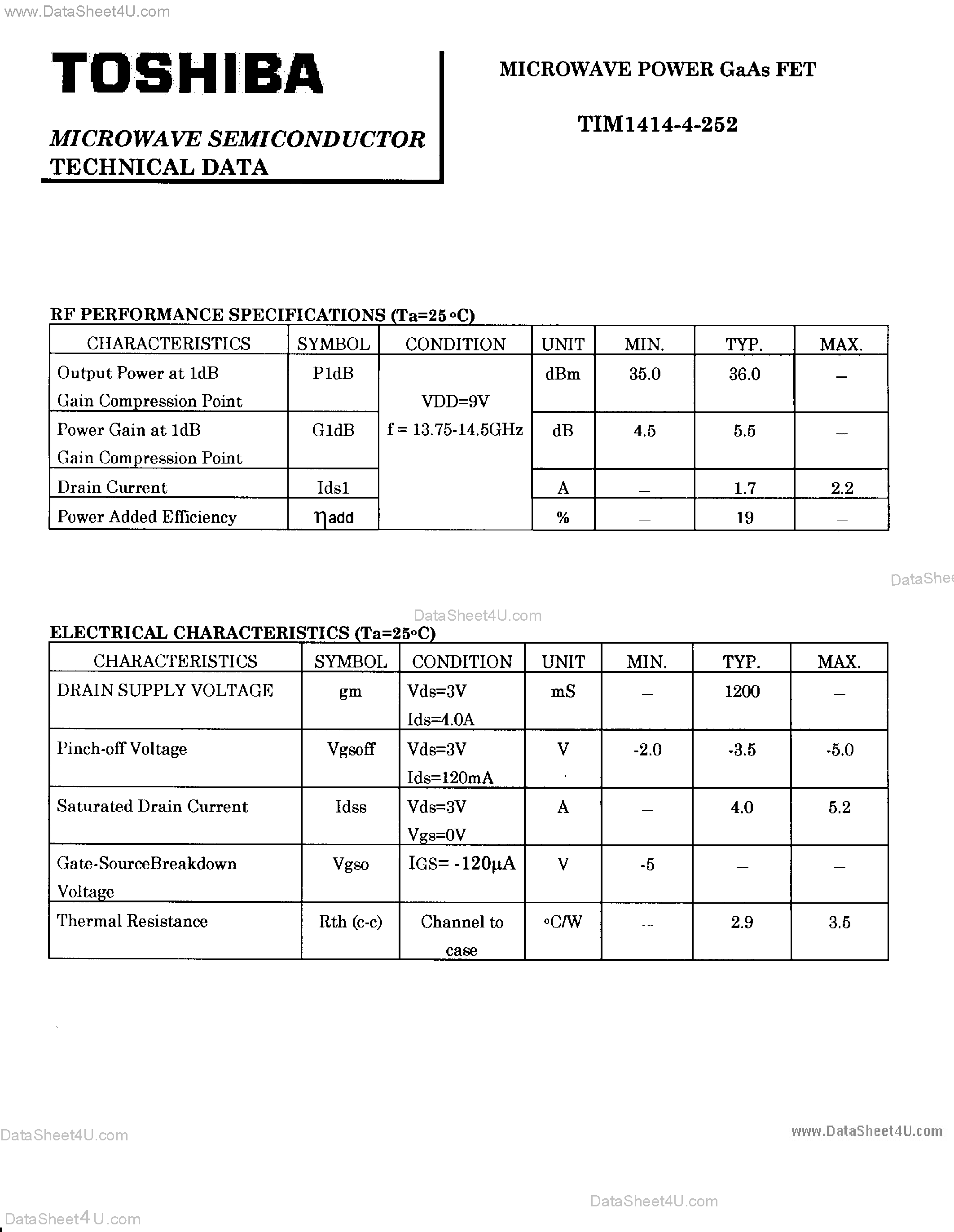 Datasheet TIM1414-4-252 page 1 Datasheet TIM1414-4-252 - Microwave Power GaAs FET page 1