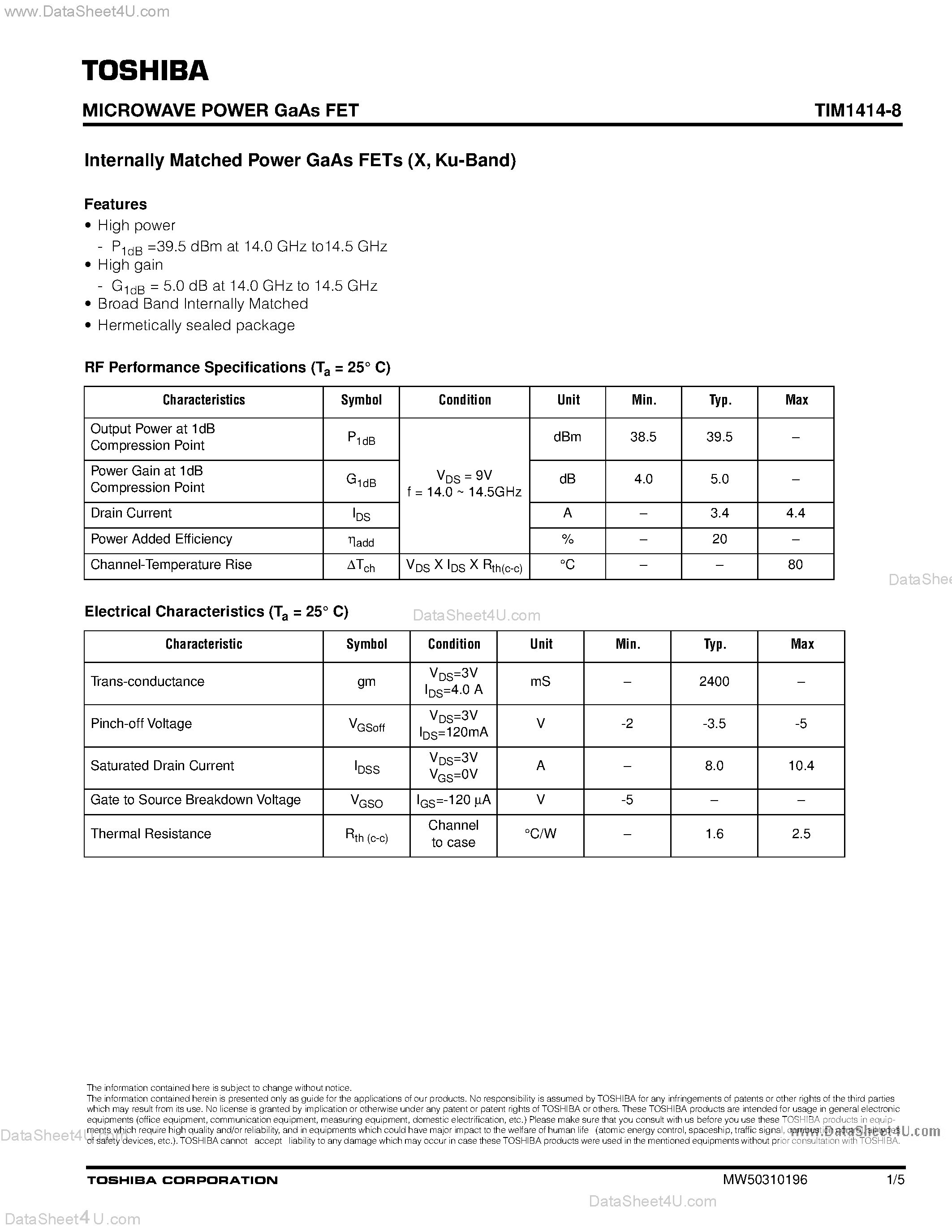 Datasheet TIM1414-8 - Microwave Power GaAs FET page 1
