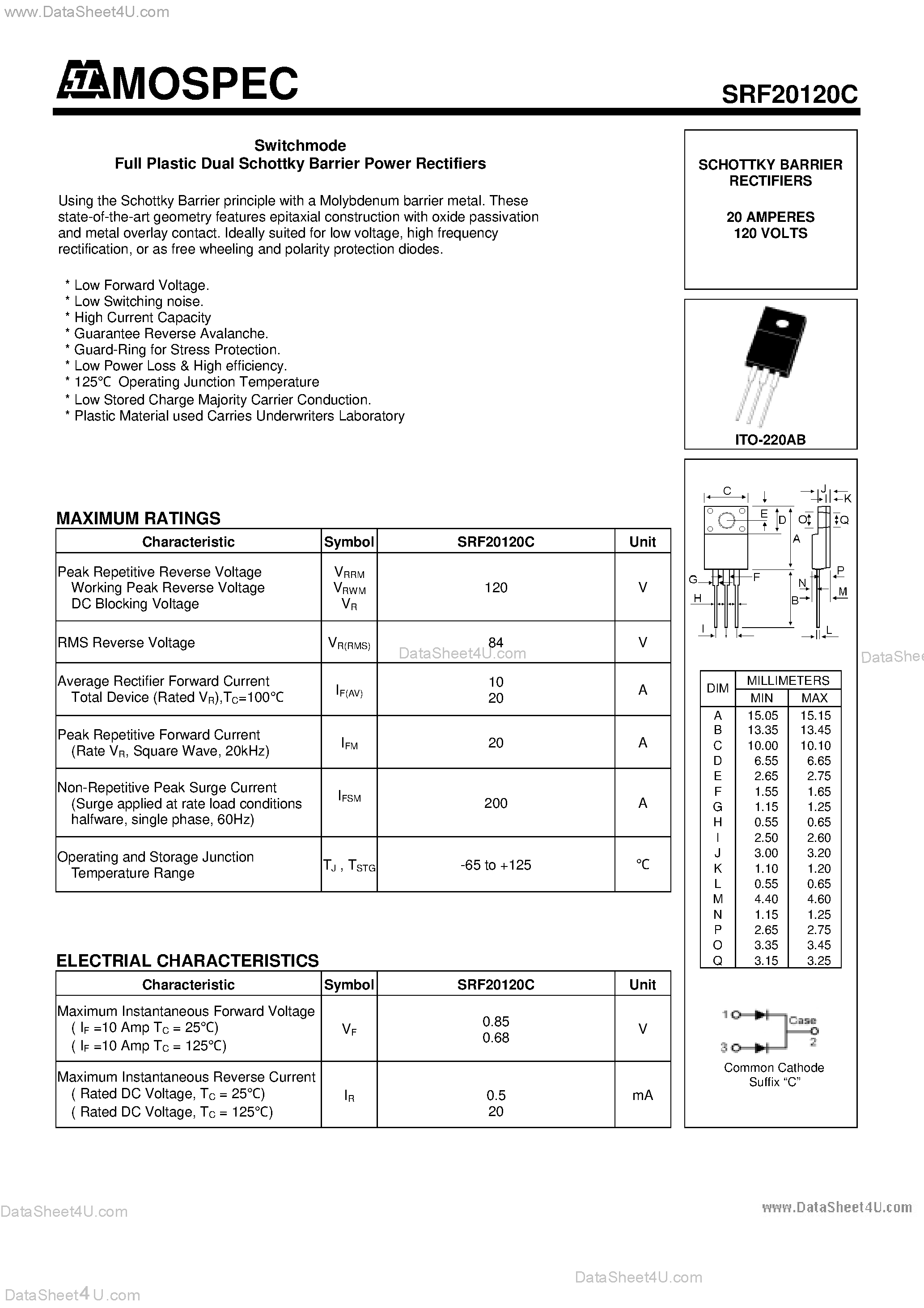 Datasheet SRF20120C - SCHOTTKY BARRIER RECTIFIERS 20 AMPERES 120 VOLTS page 1
