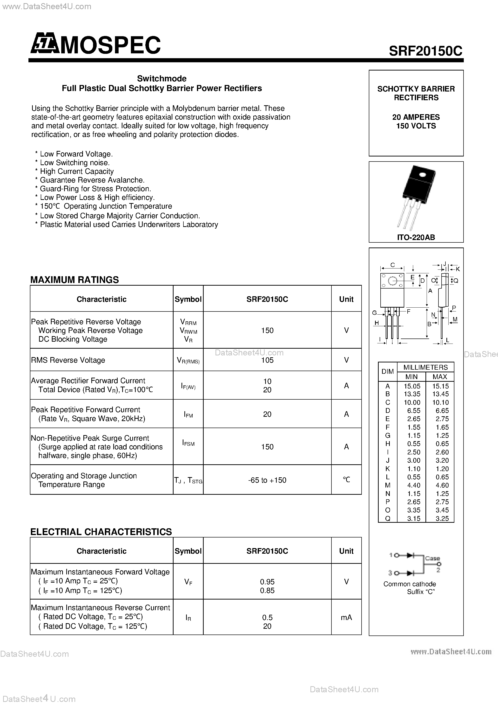 Datasheet SRF20150C - Switchmode Full Plastic Dual Schottky Barrier Power Rectifiers page 1