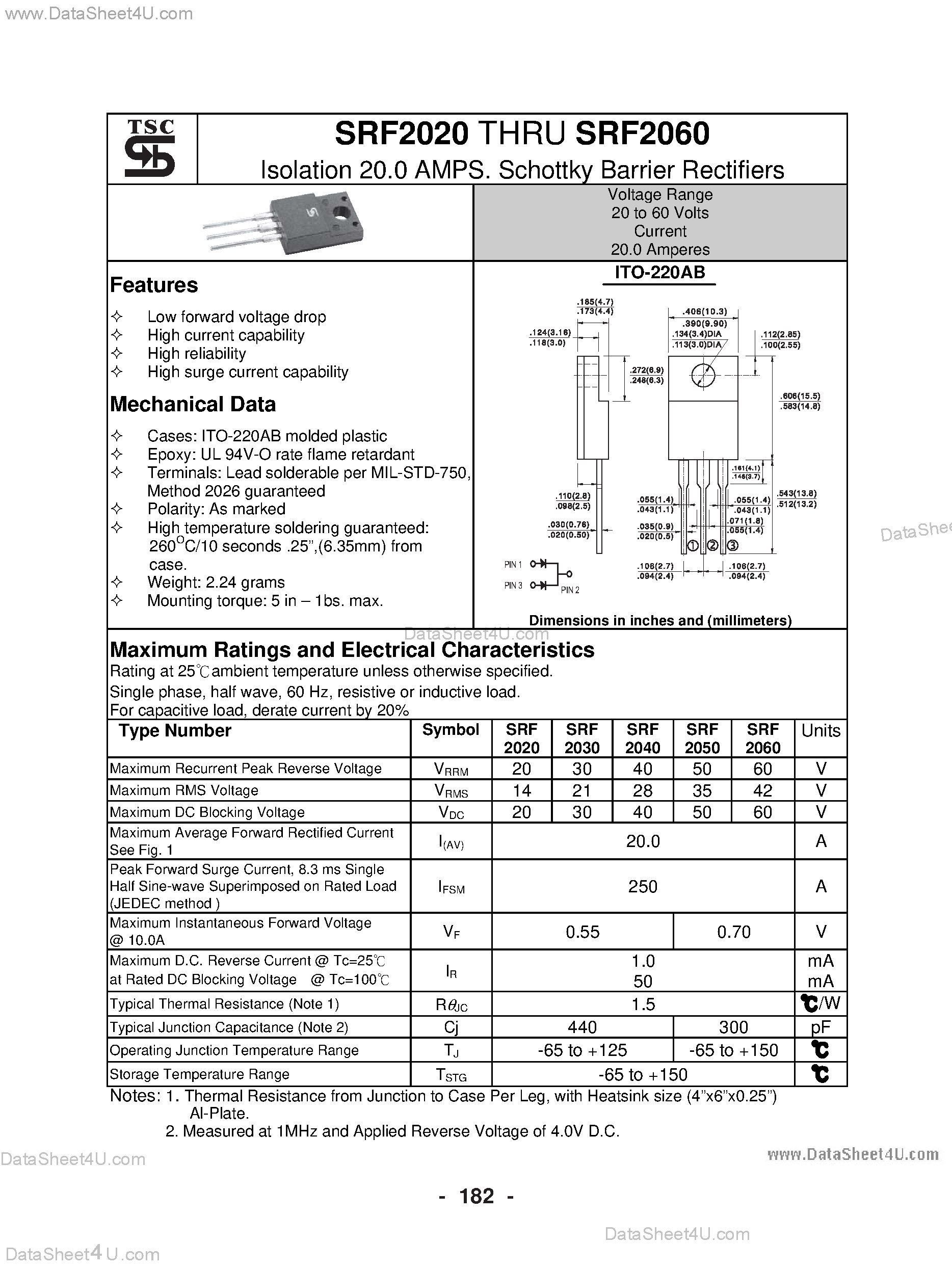 Datasheet SRF2020 - (SRF2020 - SRF2060) Schottky Barrier Rectifiers page 1