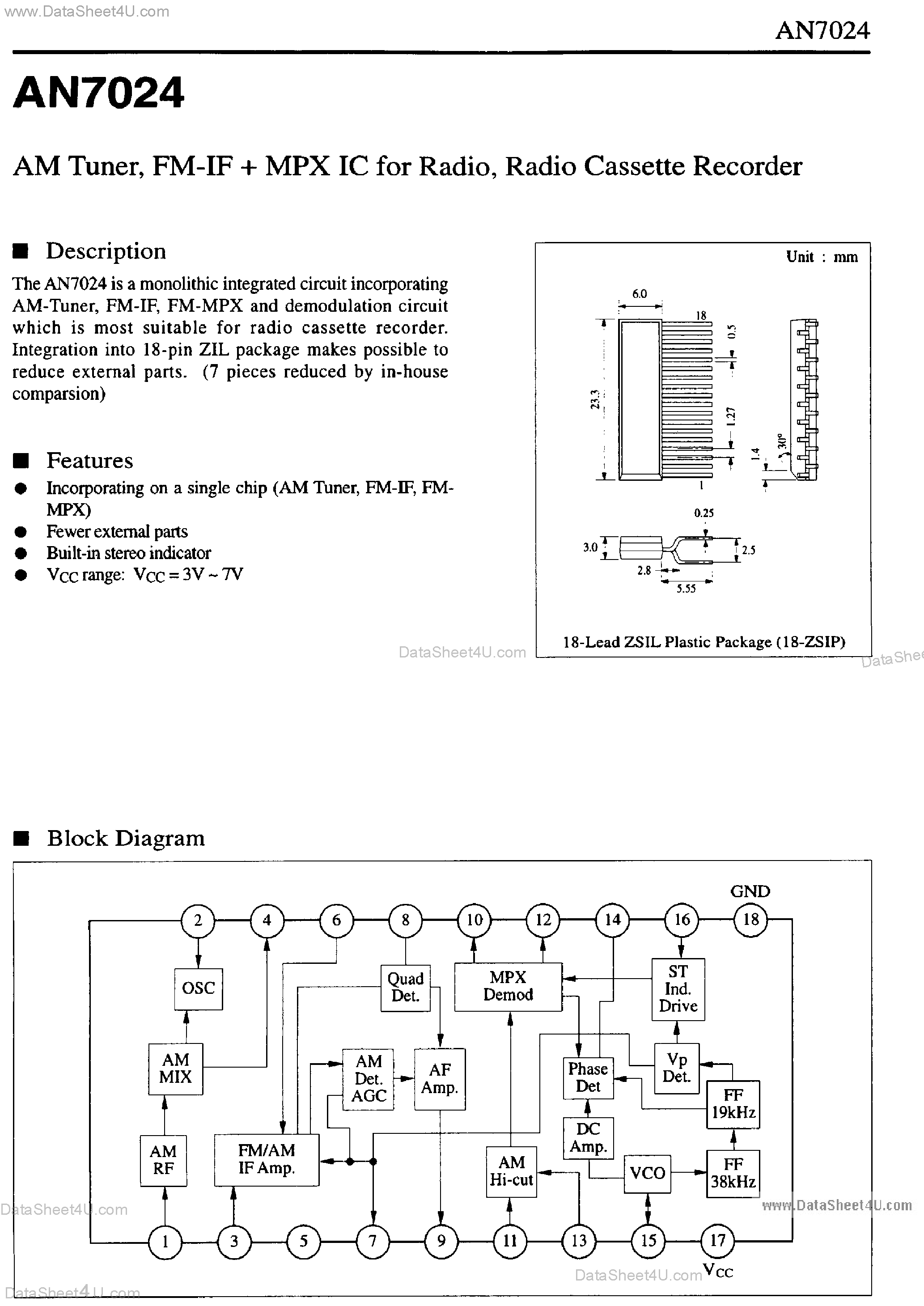 Даташит AN7024 - AM Tuner / FM IF + MPX IC страница 1